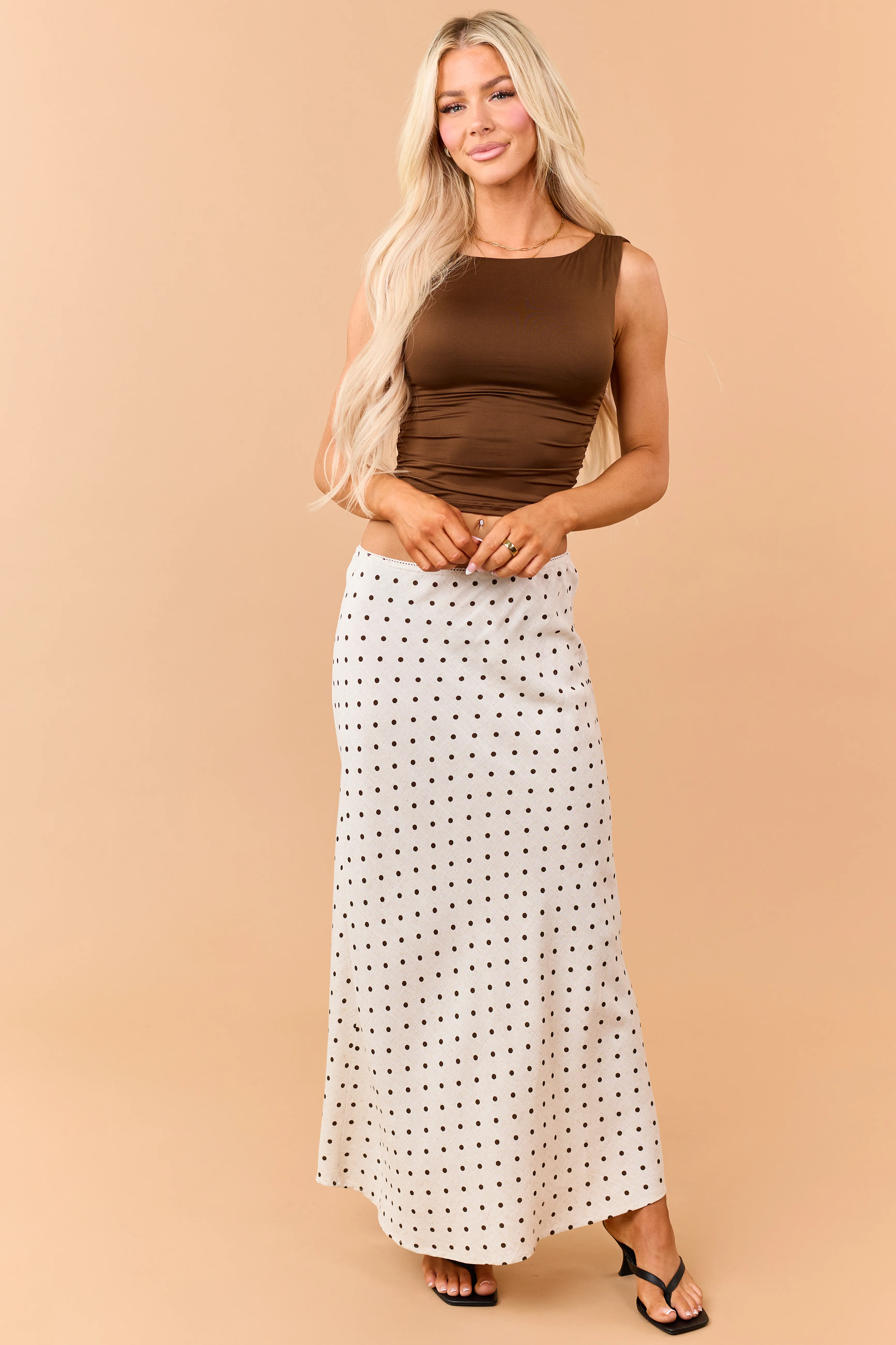 Almond and Cocoa Polka Dot Linen Blend Maxi Skirt - Image 6
