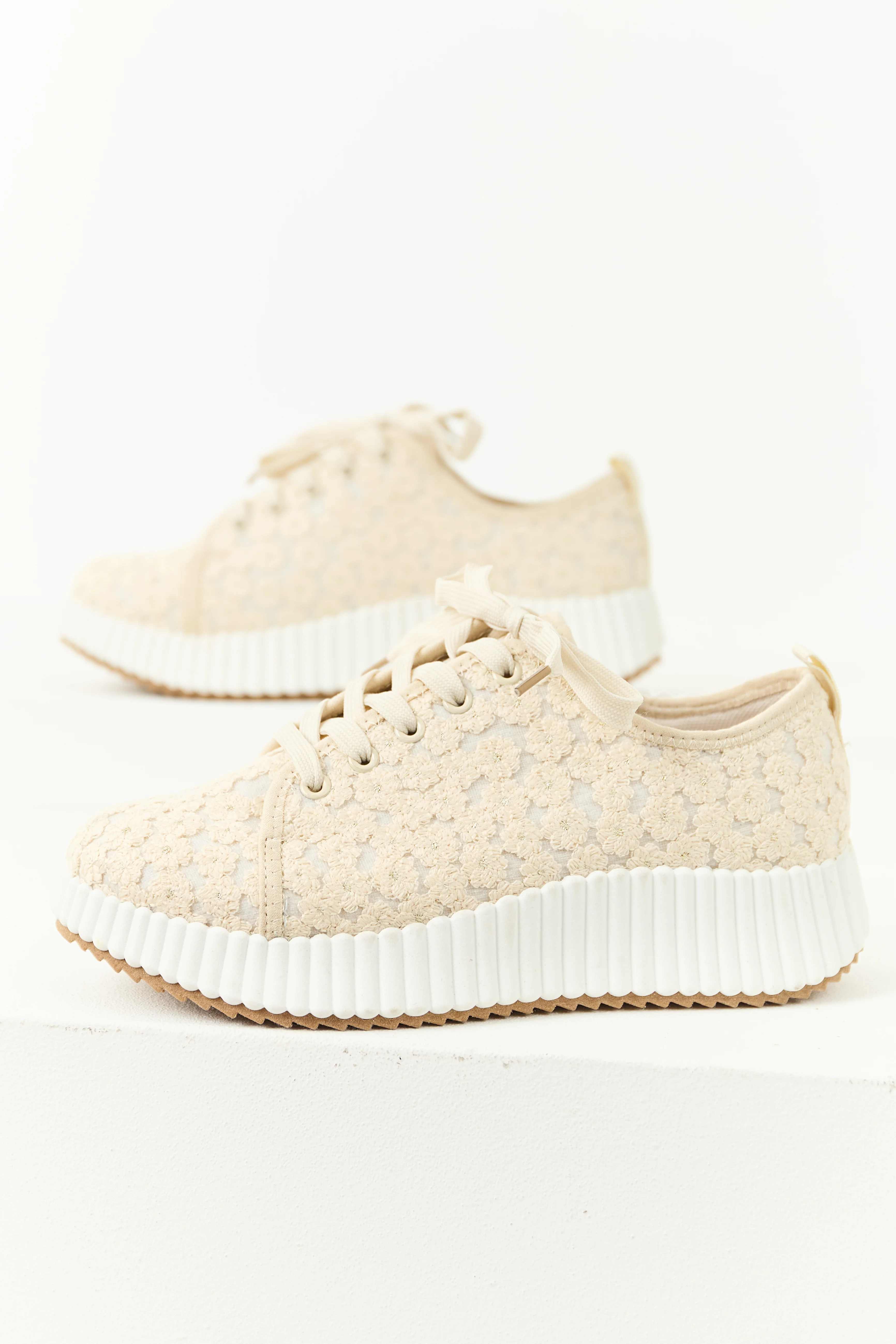 Almond Floral Embroidered Platform Lace Up Sneakers - Image 2
