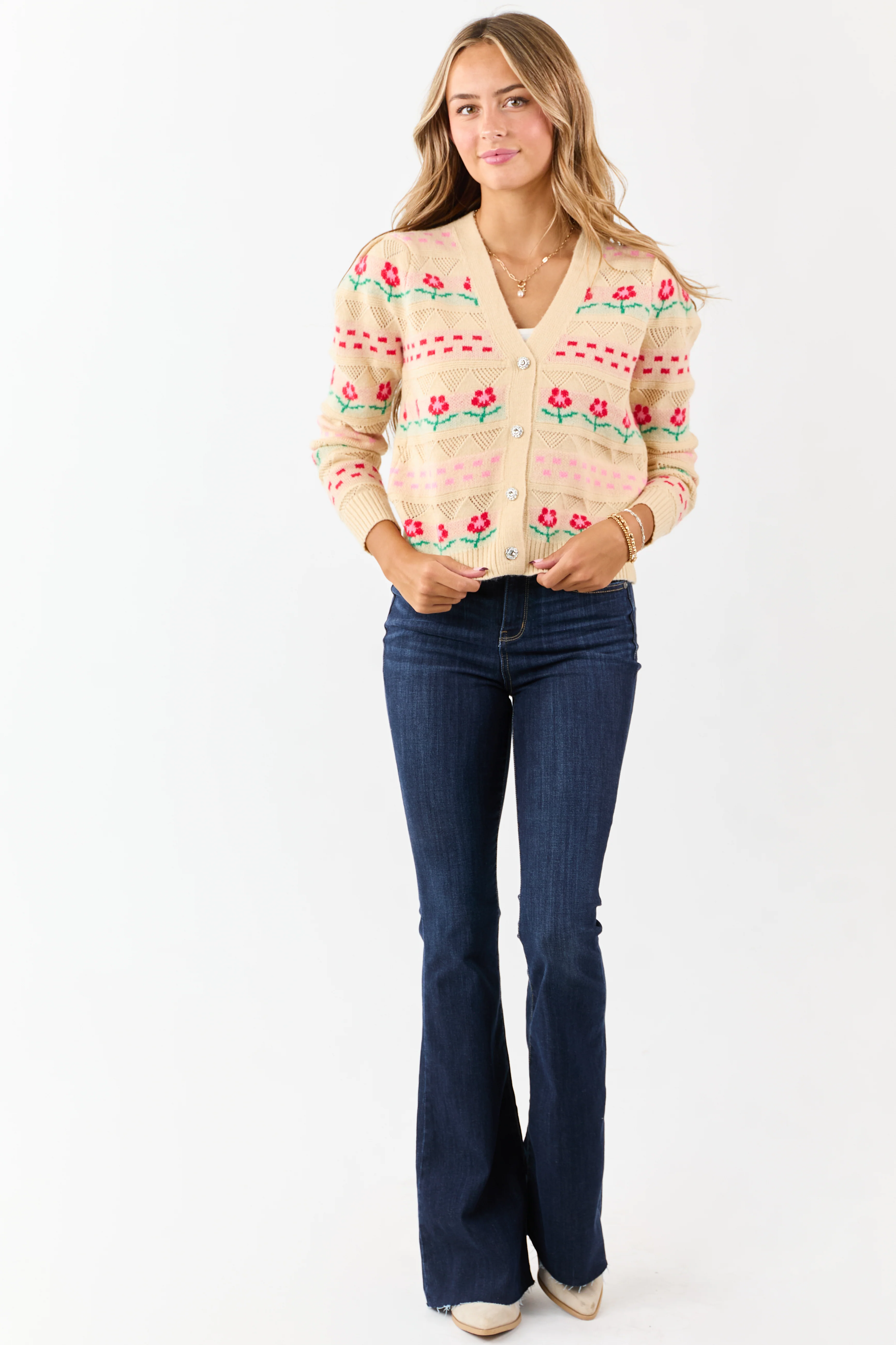 Almond Floral Print Pointelle Knit Cardigan - Image 2