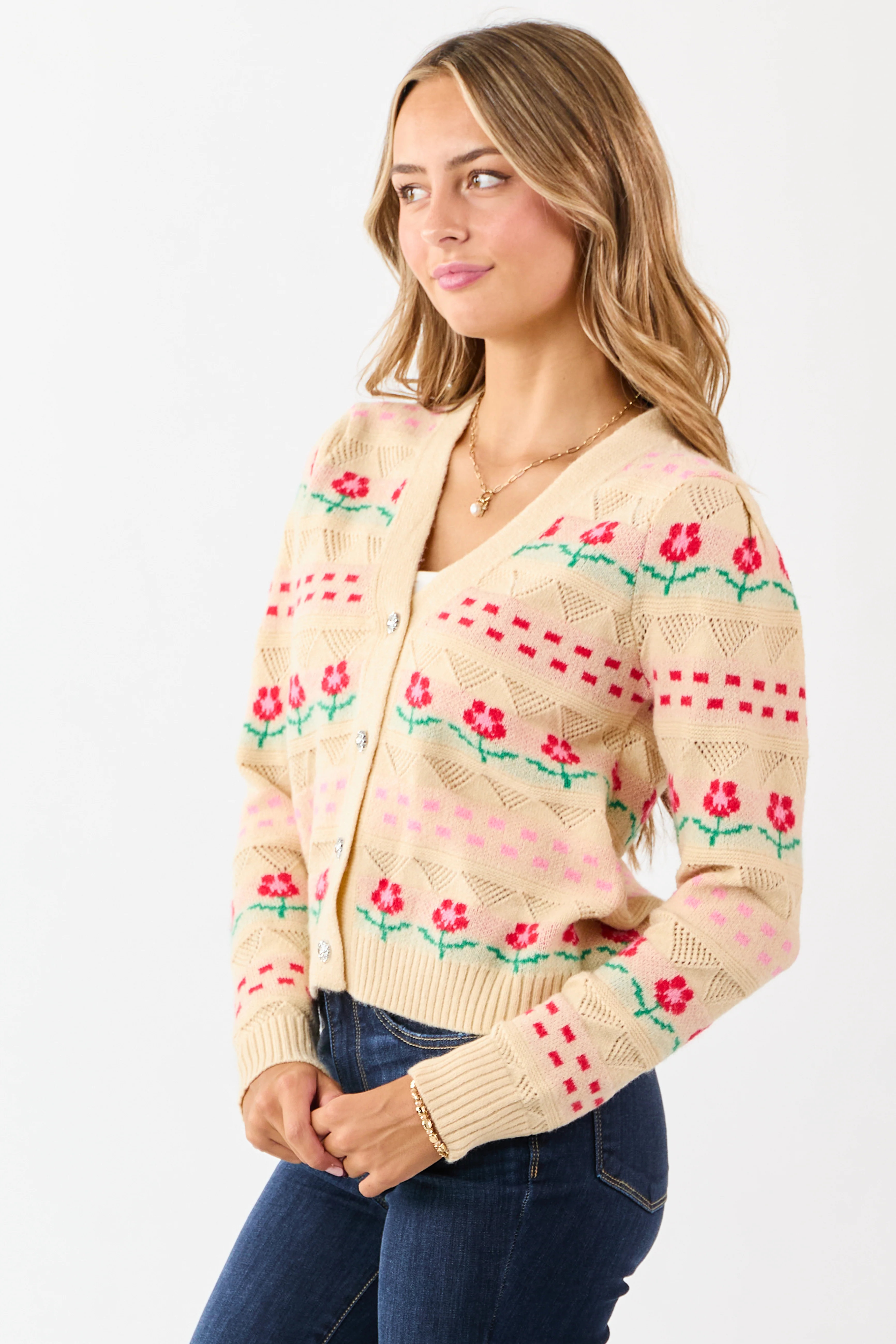 Almond Floral Print Pointelle Knit Cardigan - Image 4