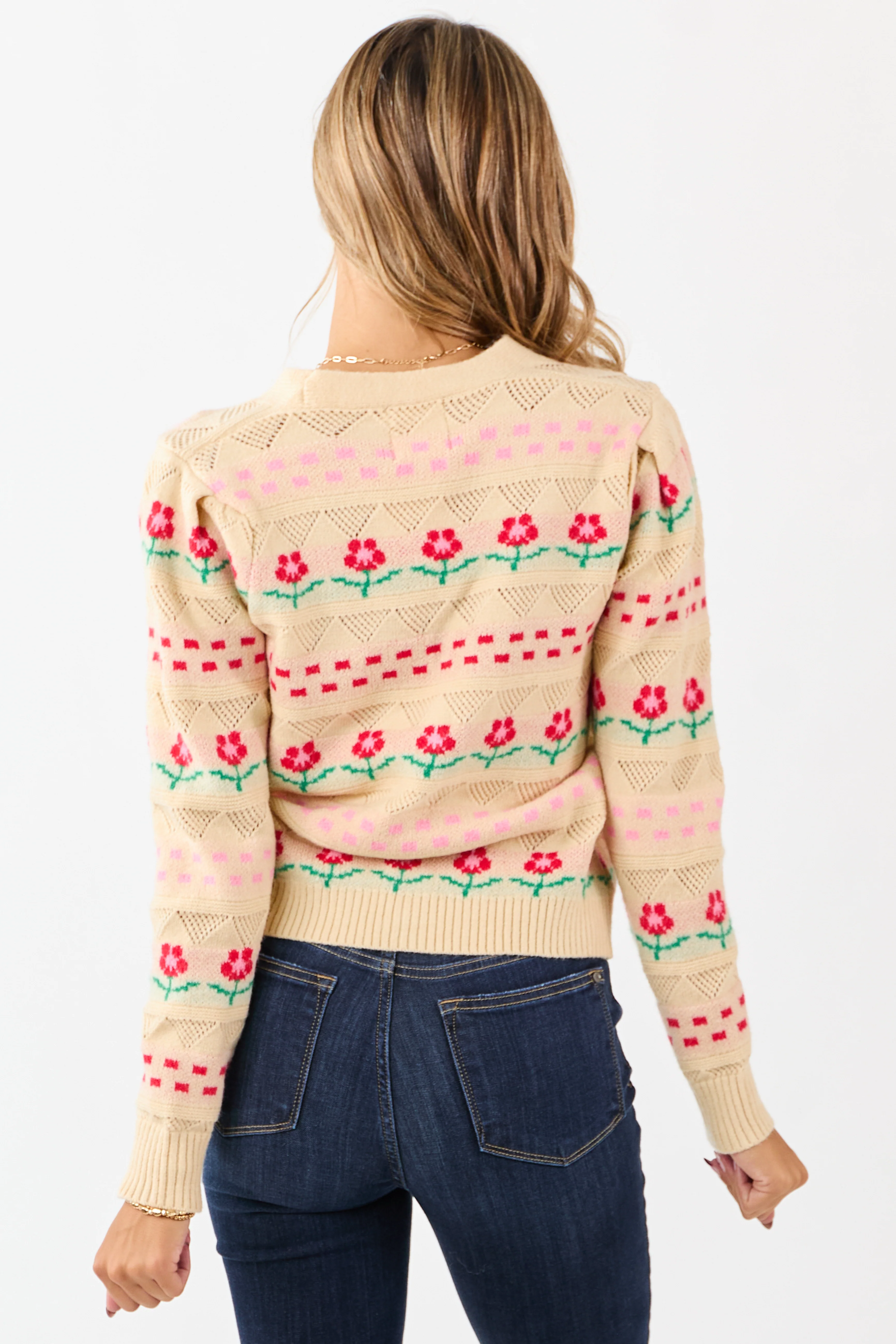 Almond Floral Print Pointelle Knit Cardigan - Image 5
