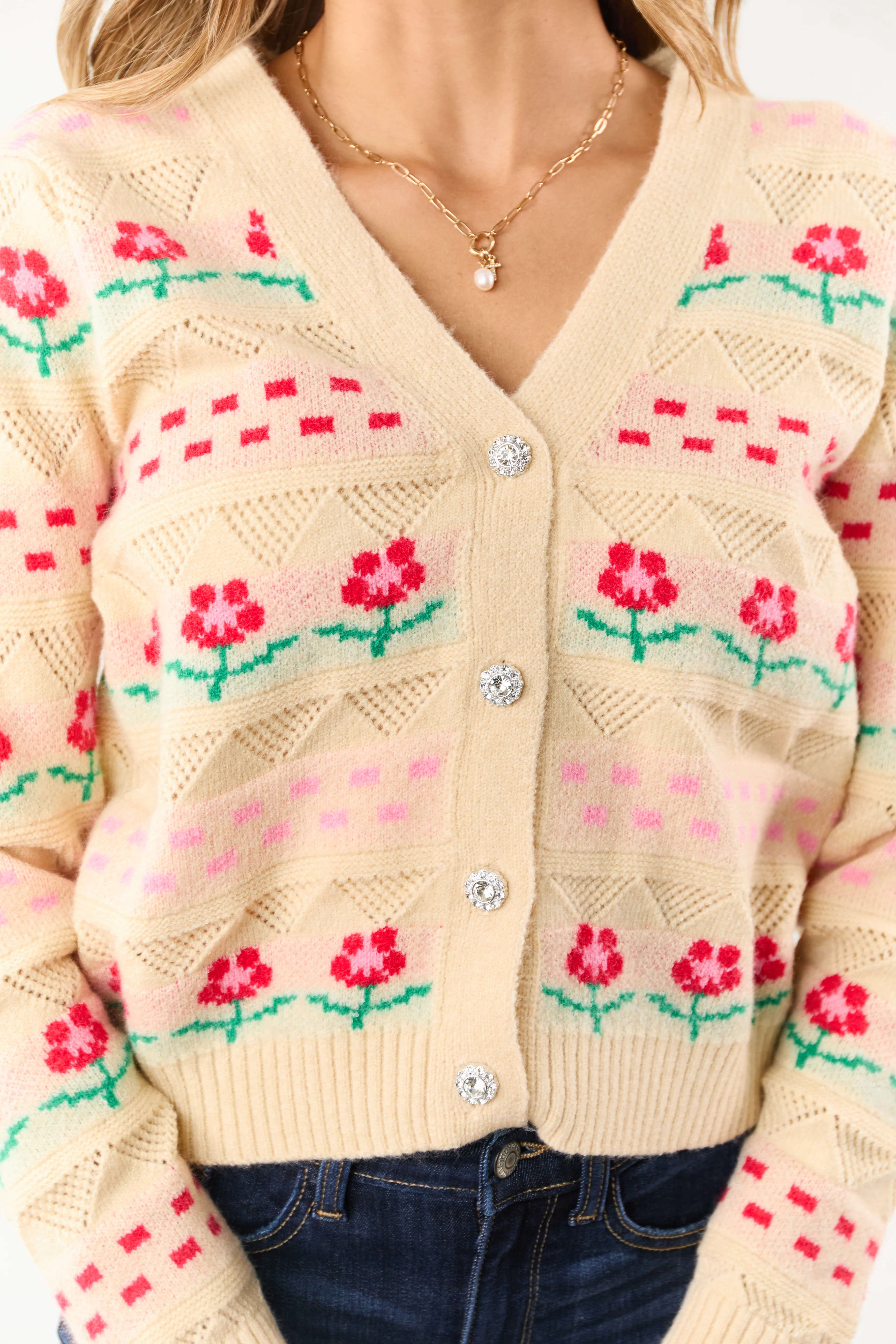 Almond Floral Print Pointelle Knit Cardigan - Image 6