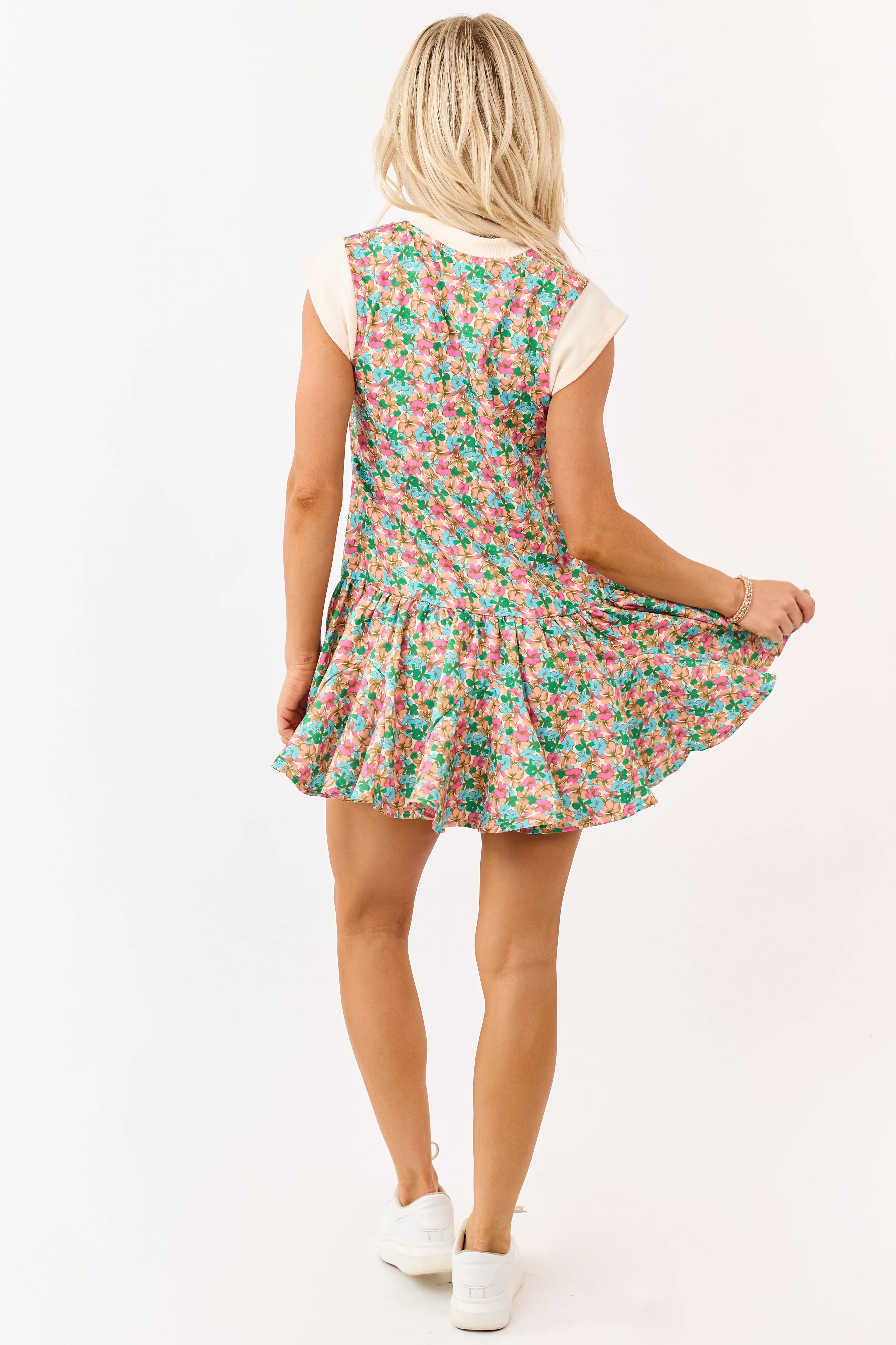 Almond Floral Print Rib Knit Trim Mini Dress - Image 6
