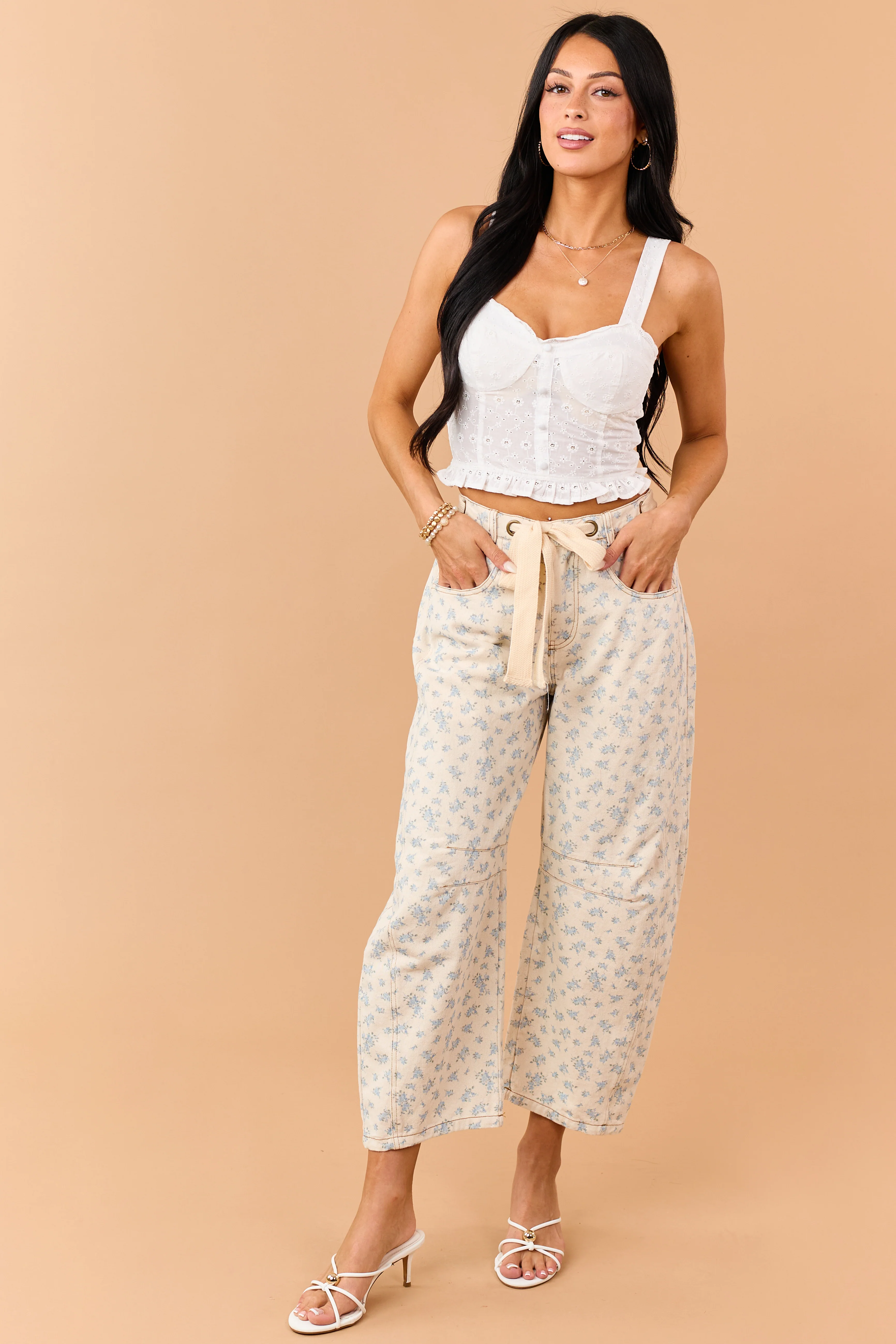 Almond Floral Print Waist Tie Barrel Jeans - Image 5