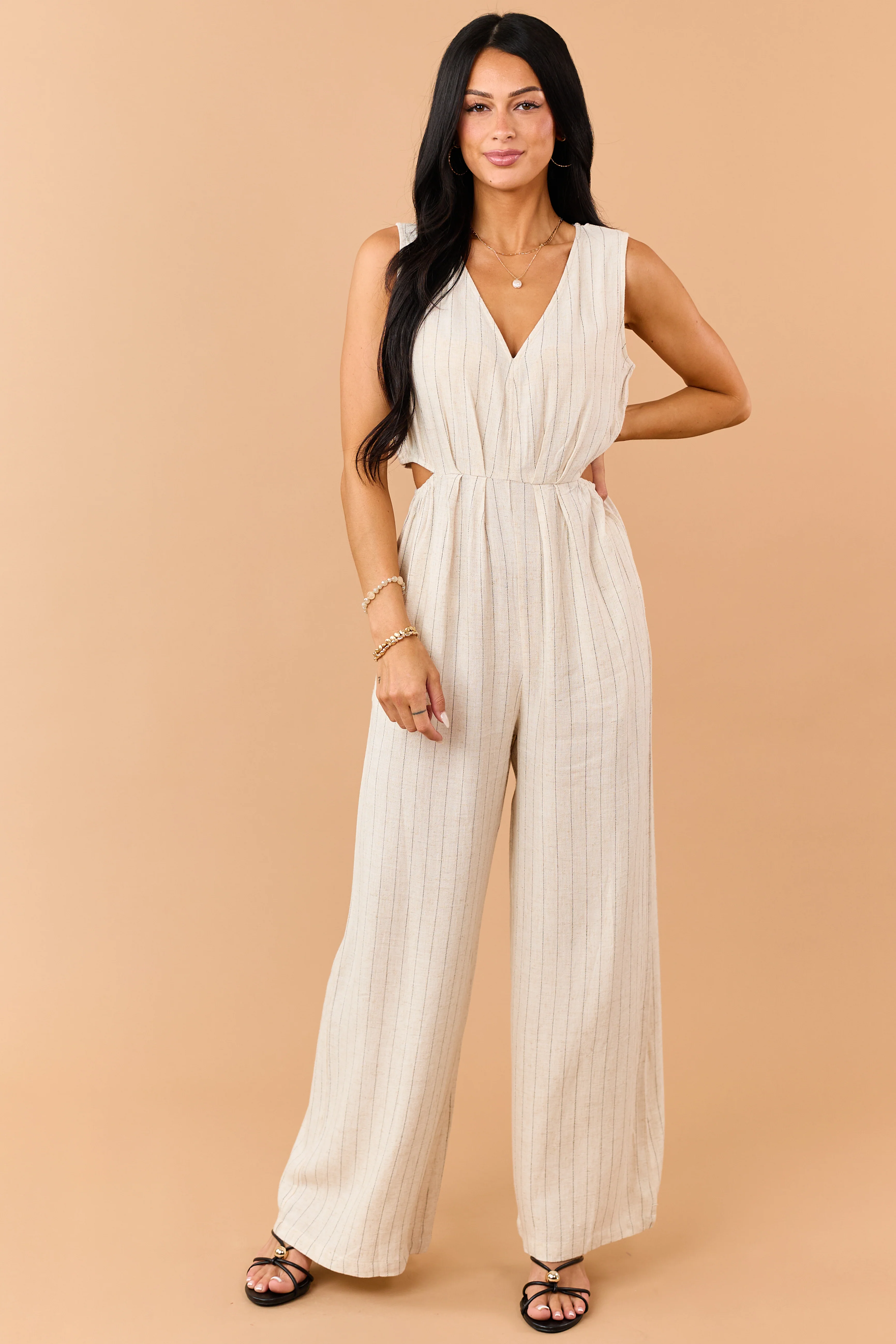 Almond Pinstripe Linen Blend Side Cut Out Jumpsuit - Image 3