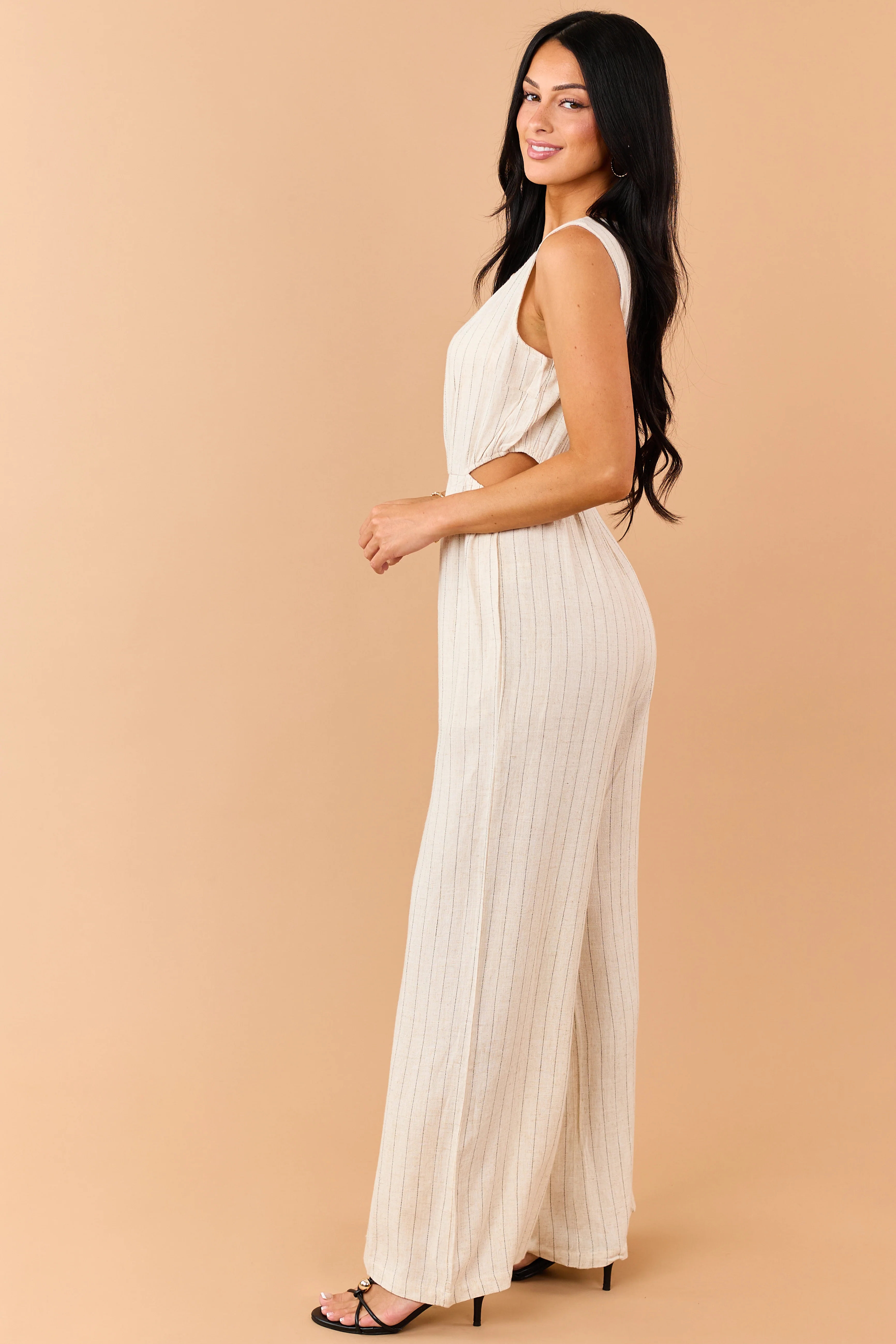 Almond Pinstripe Linen Blend Side Cut Out Jumpsuit - Image 4