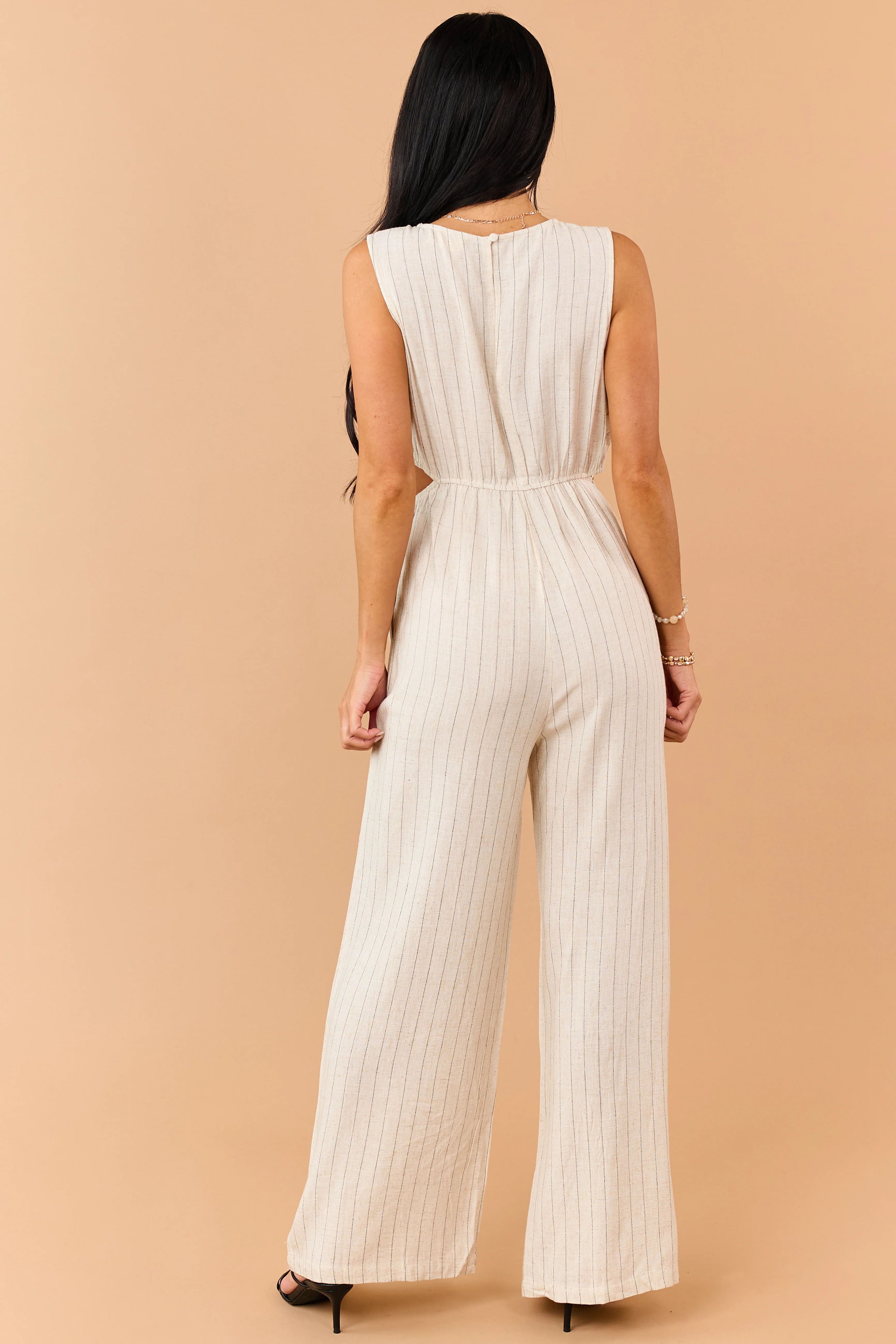 Almond Pinstripe Linen Blend Side Cut Out Jumpsuit - Image 5