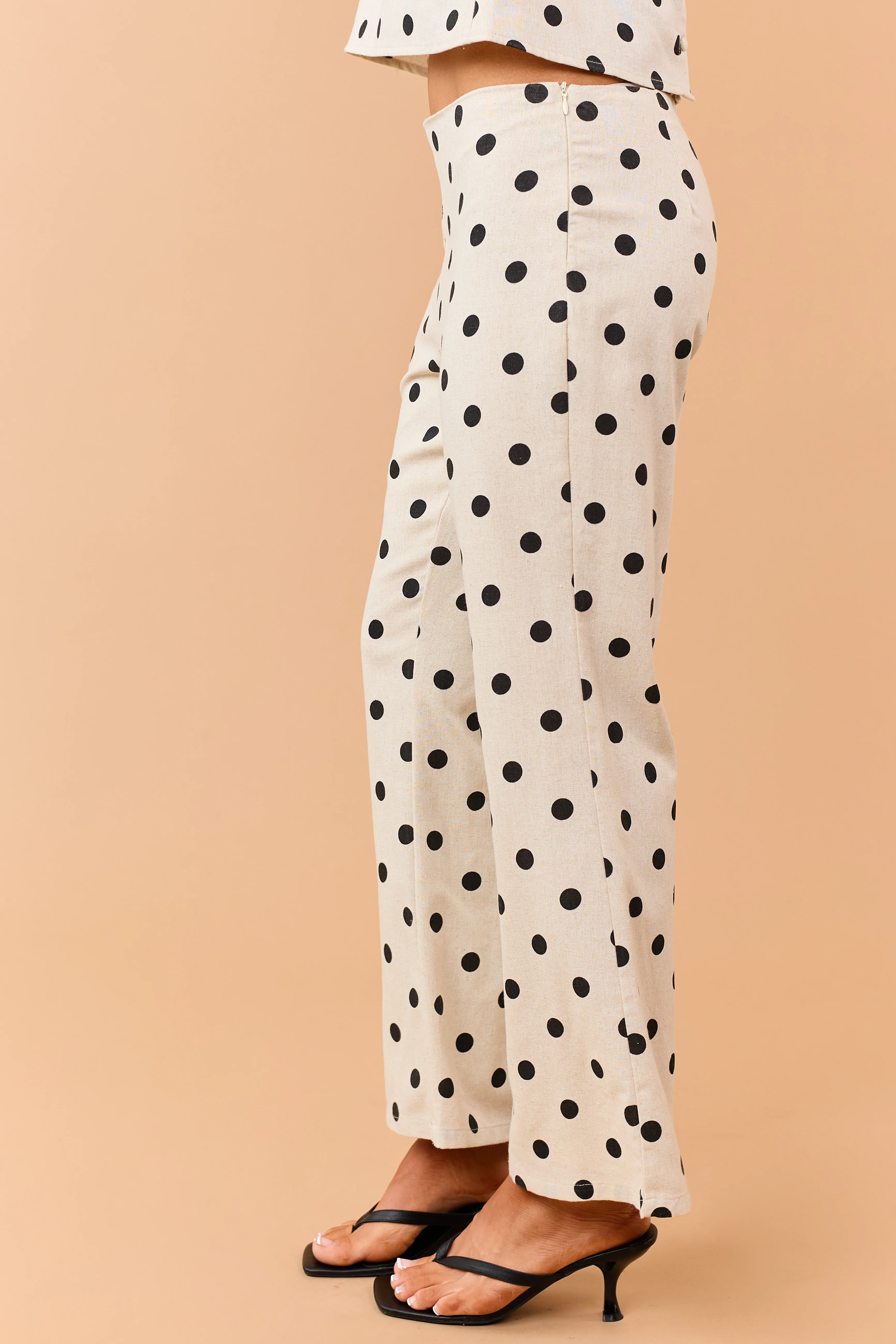 Almond Polka Dot Cropped Linen Blend Flare Pants - Image 3