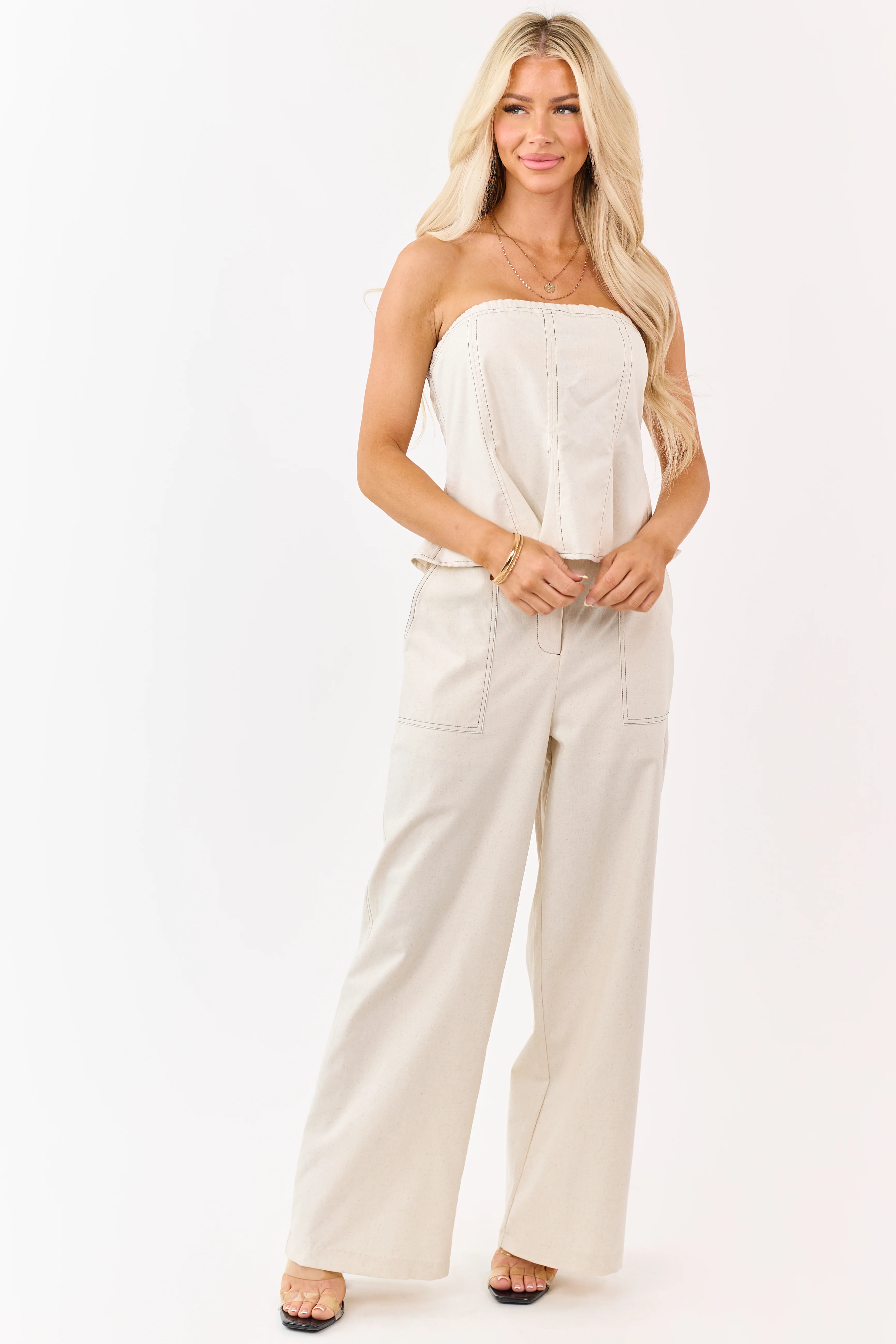 Almond Strapless Linen Blend Peplum Top - Image 3