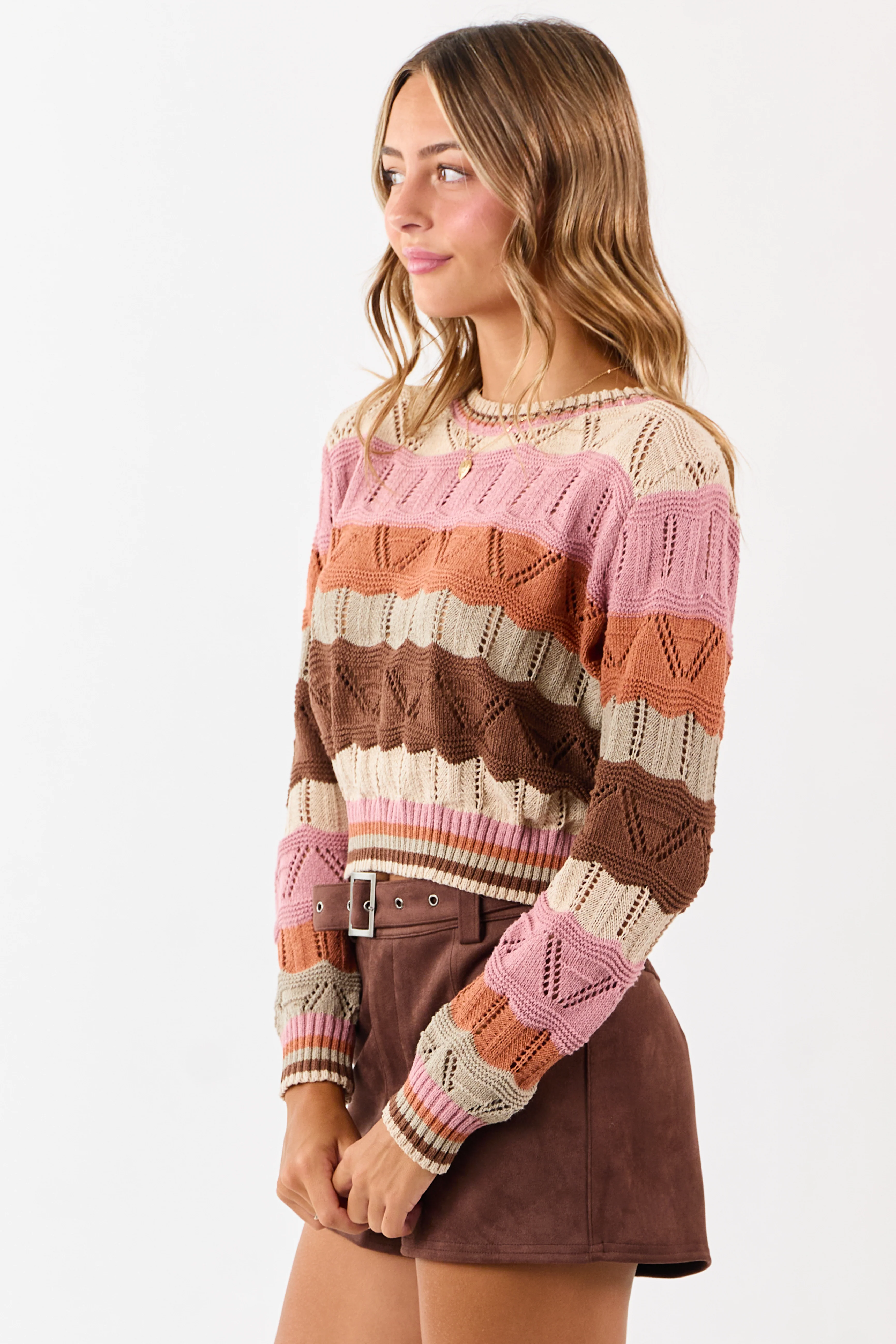 Almond Wavy Striped Long Sleeve Pointelle Sweater - Image 5
