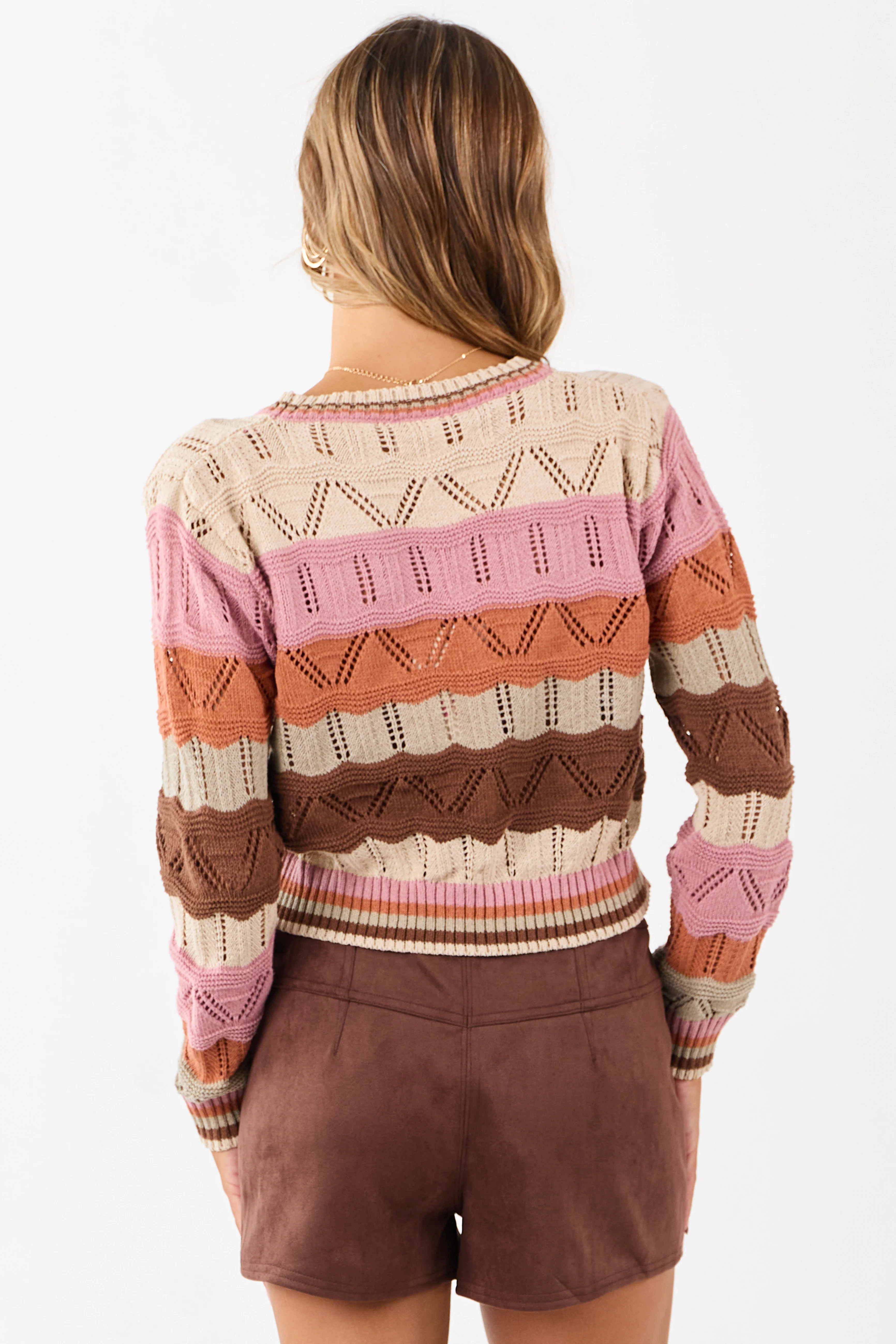 Almond Wavy Striped Long Sleeve Pointelle Sweater - Image 6