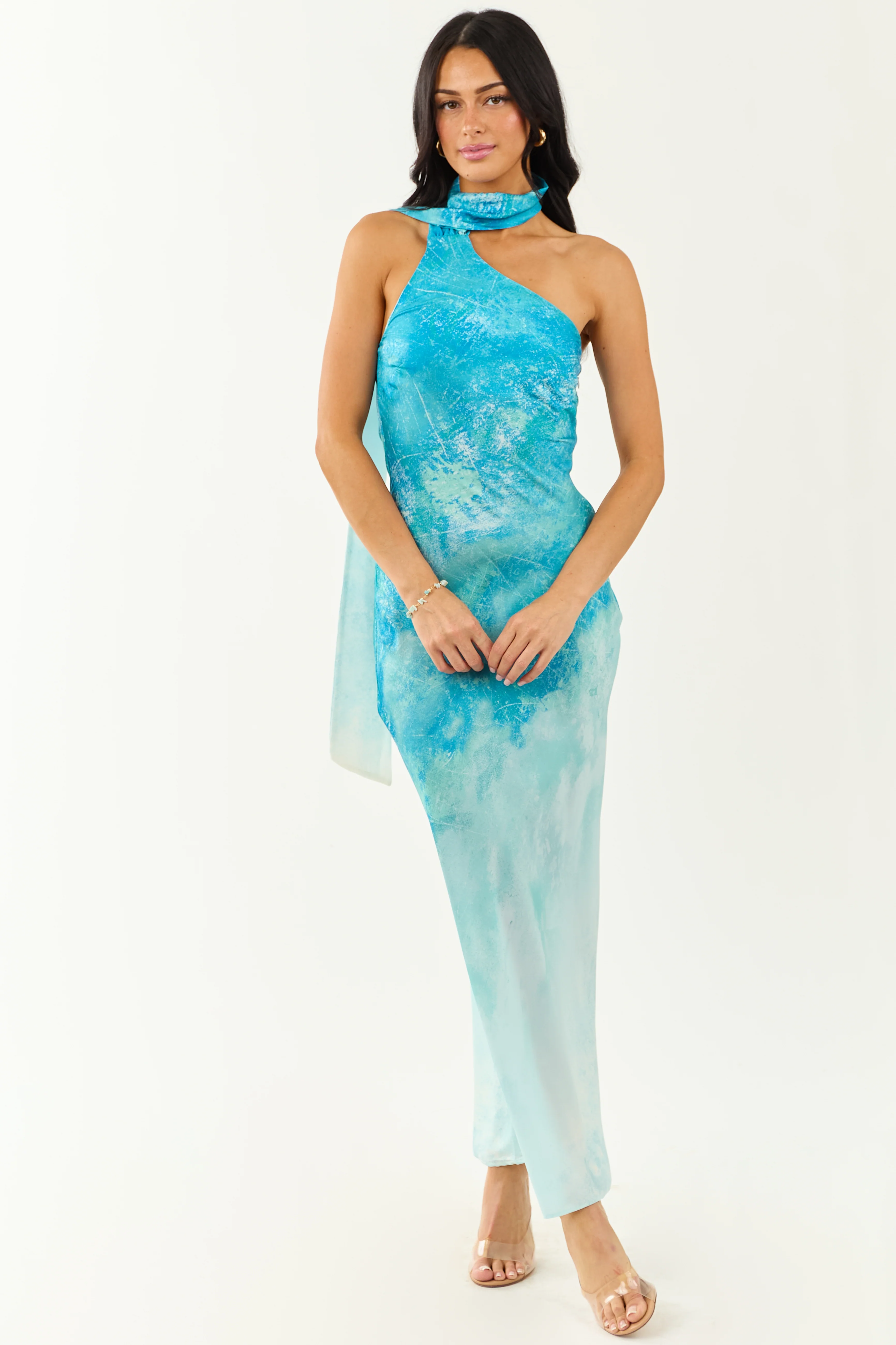 Azure Ombre One Shoulder Sash Maxi Dress - Image 3