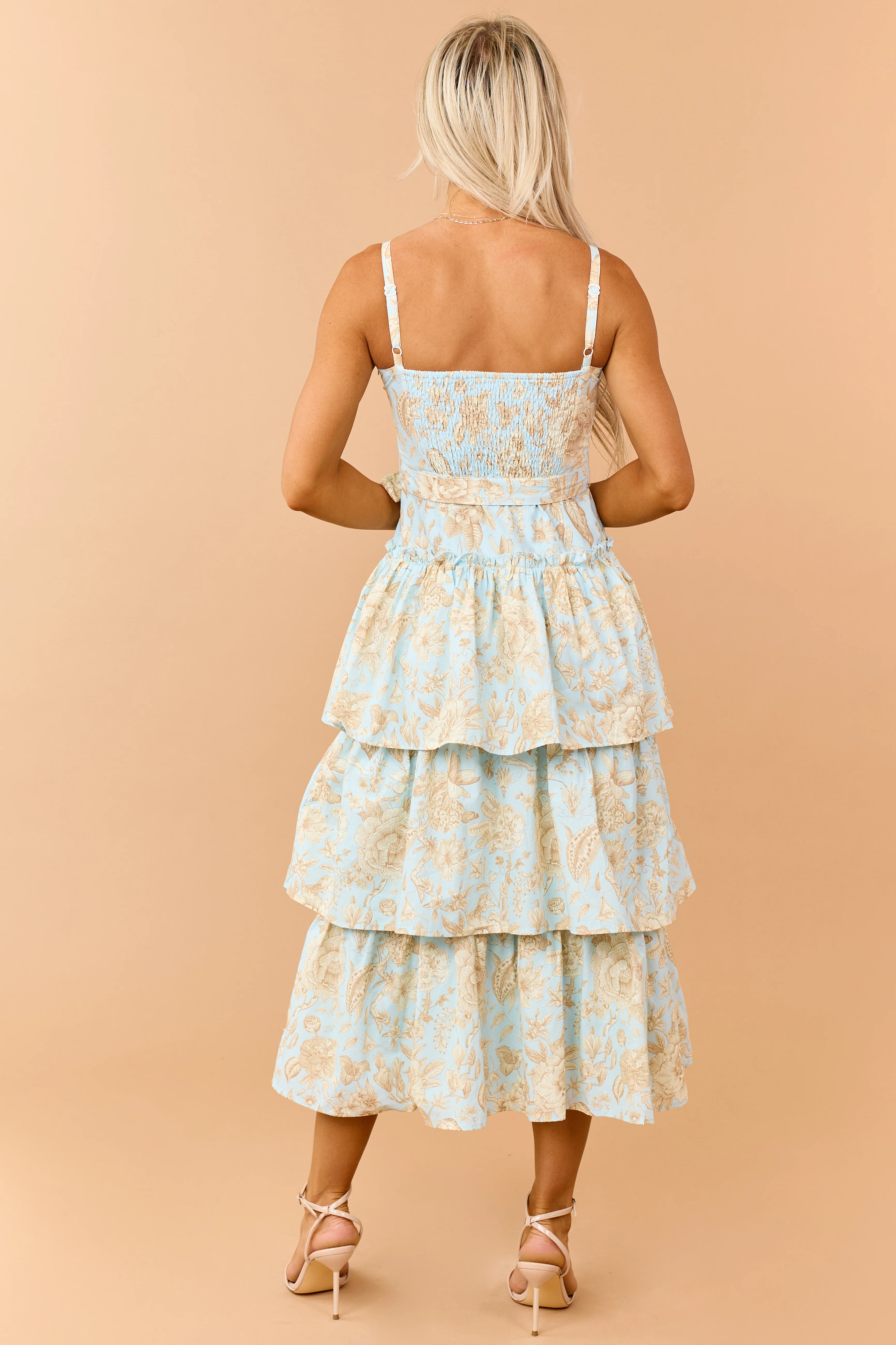 Baby Blue Cotton Floral Print Sleeveless Midi Dress - Image 5