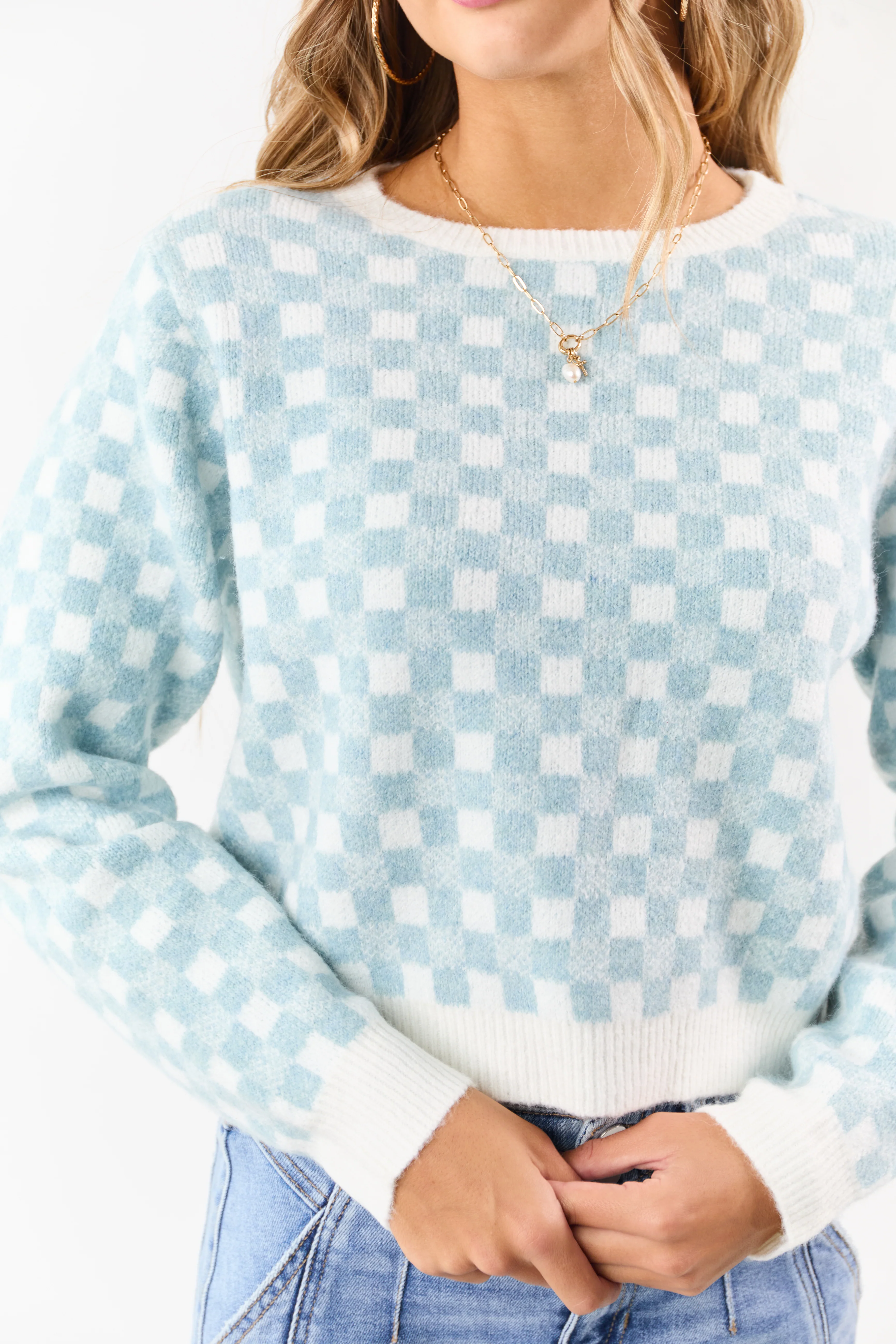 Baby Blue and Ivory Checkered Wool Blend Sweater - Image 6