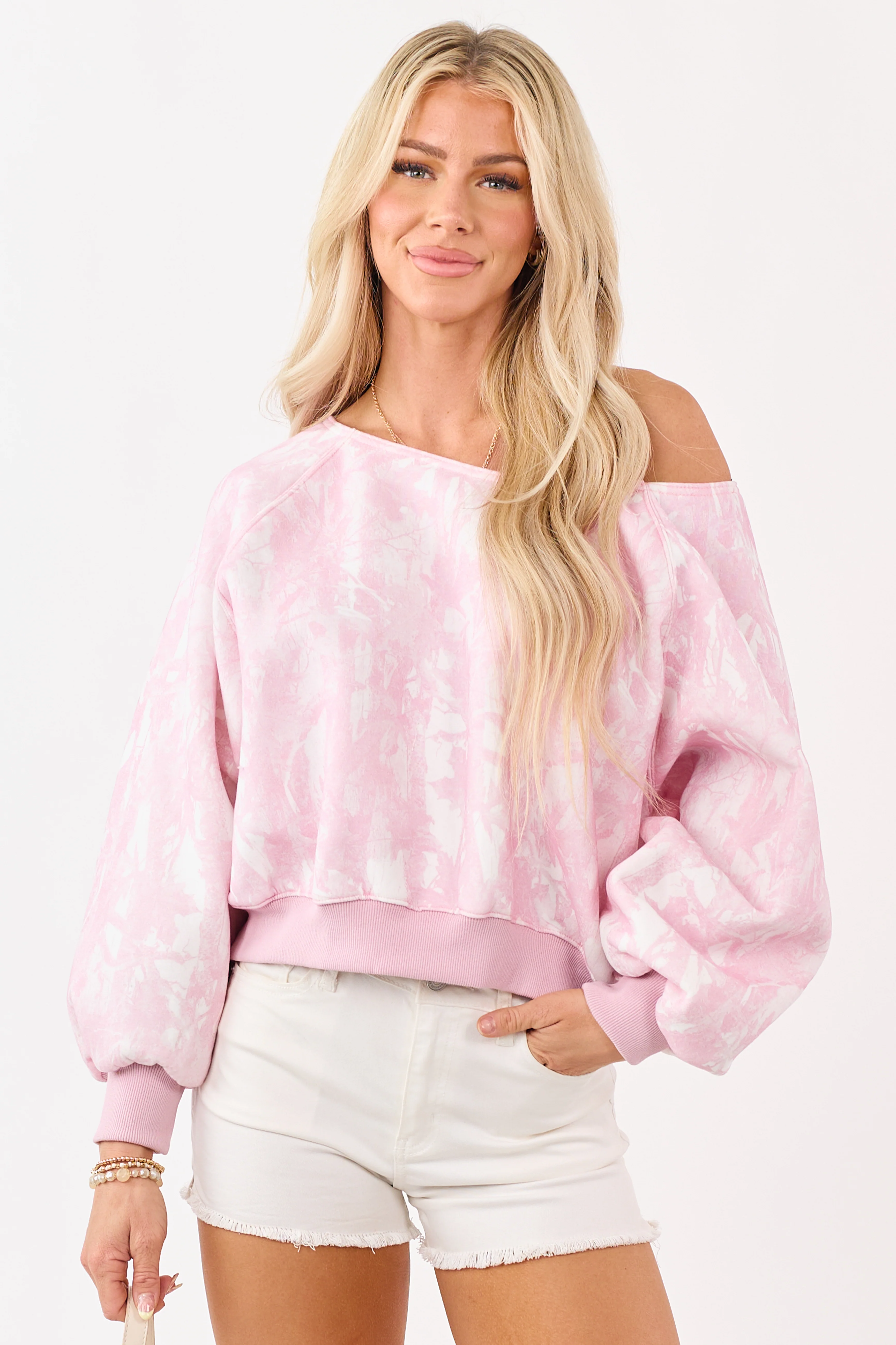 Baby Pink Faded Camo Print Off Shoulder Sweatshirt