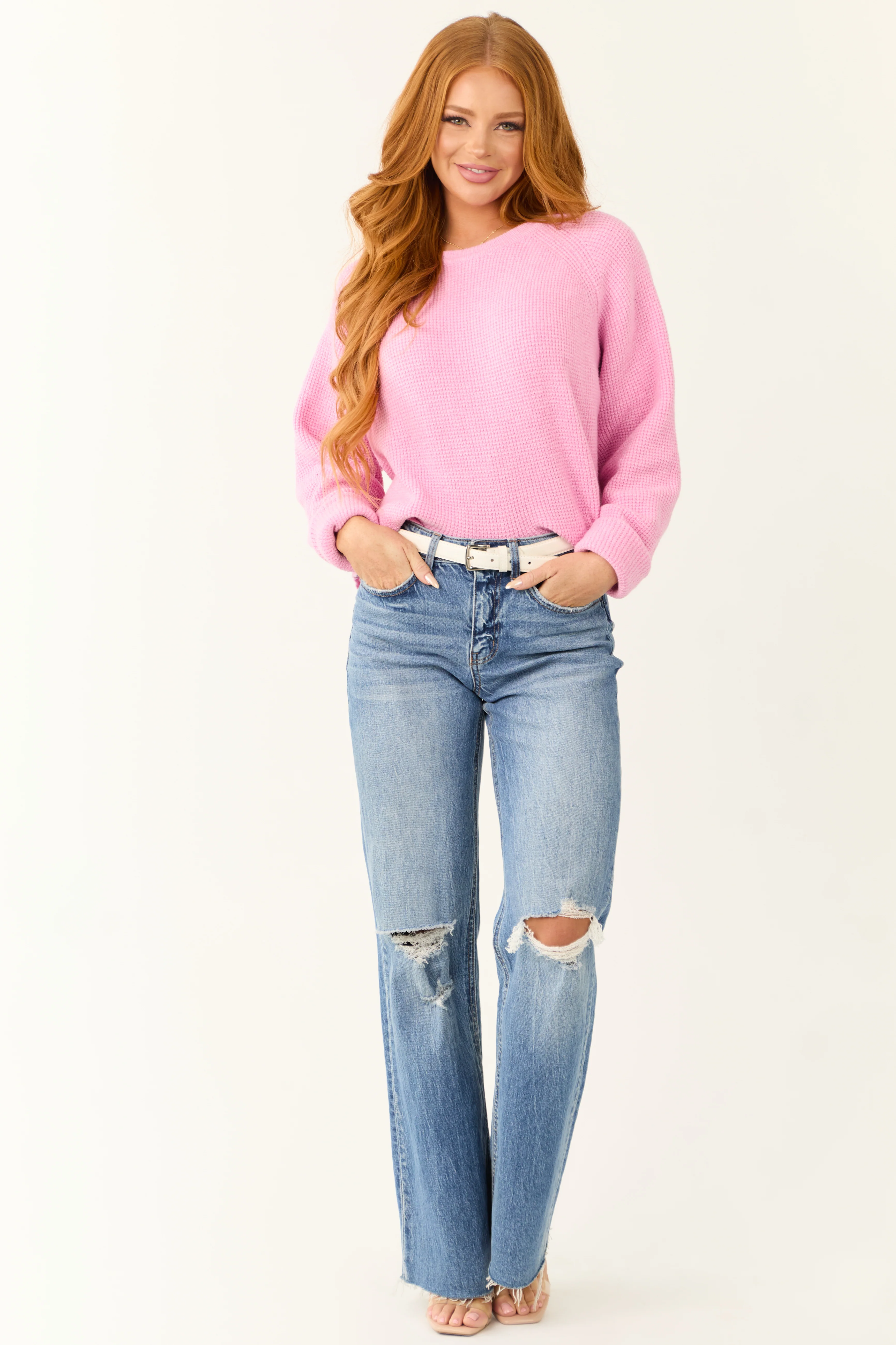 Baby Pink Long Raglan Sleeve Knit Sweater - Image 4