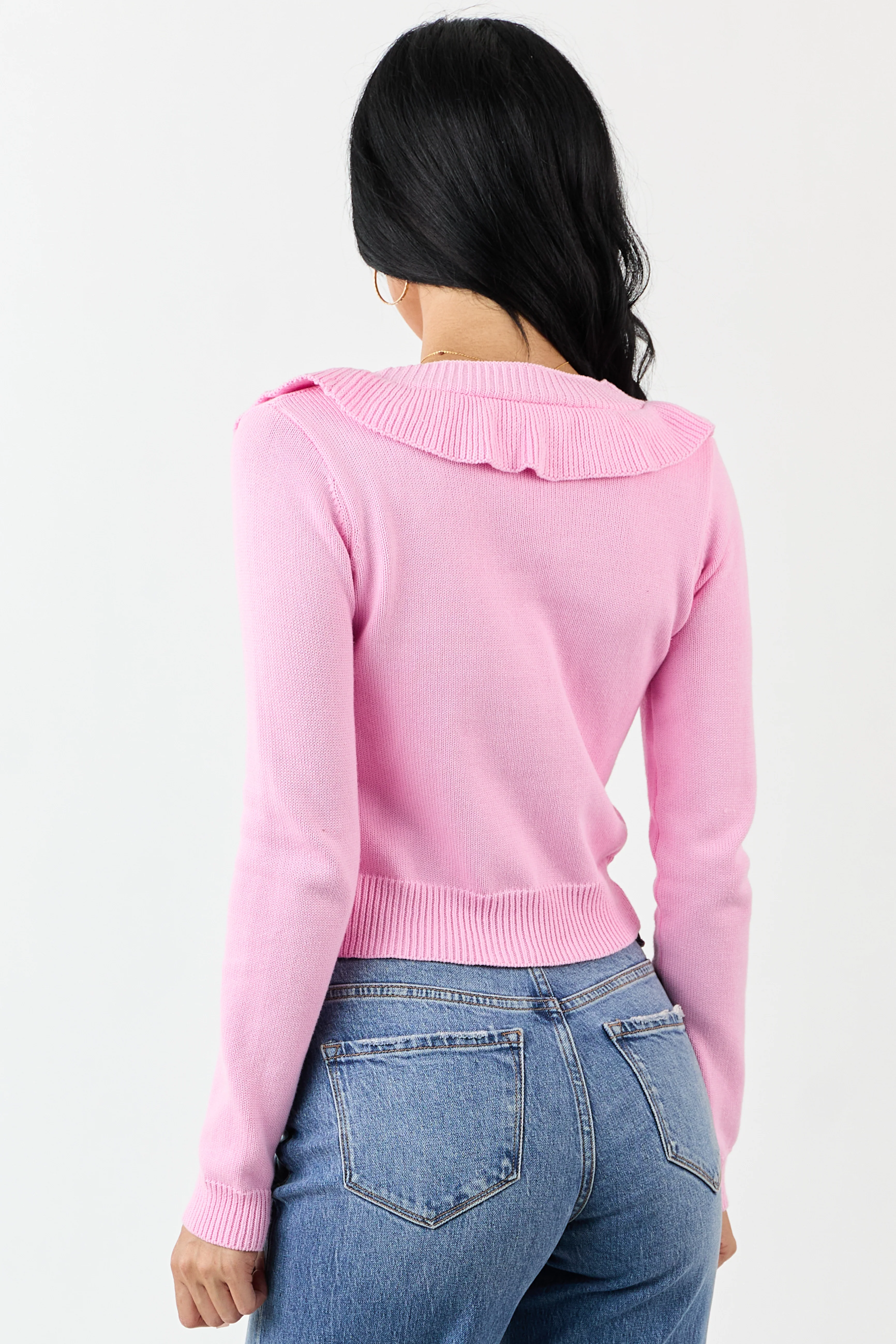 Baby Pink Ruffled Button Up Cotton Knit Cardigan - Image 6