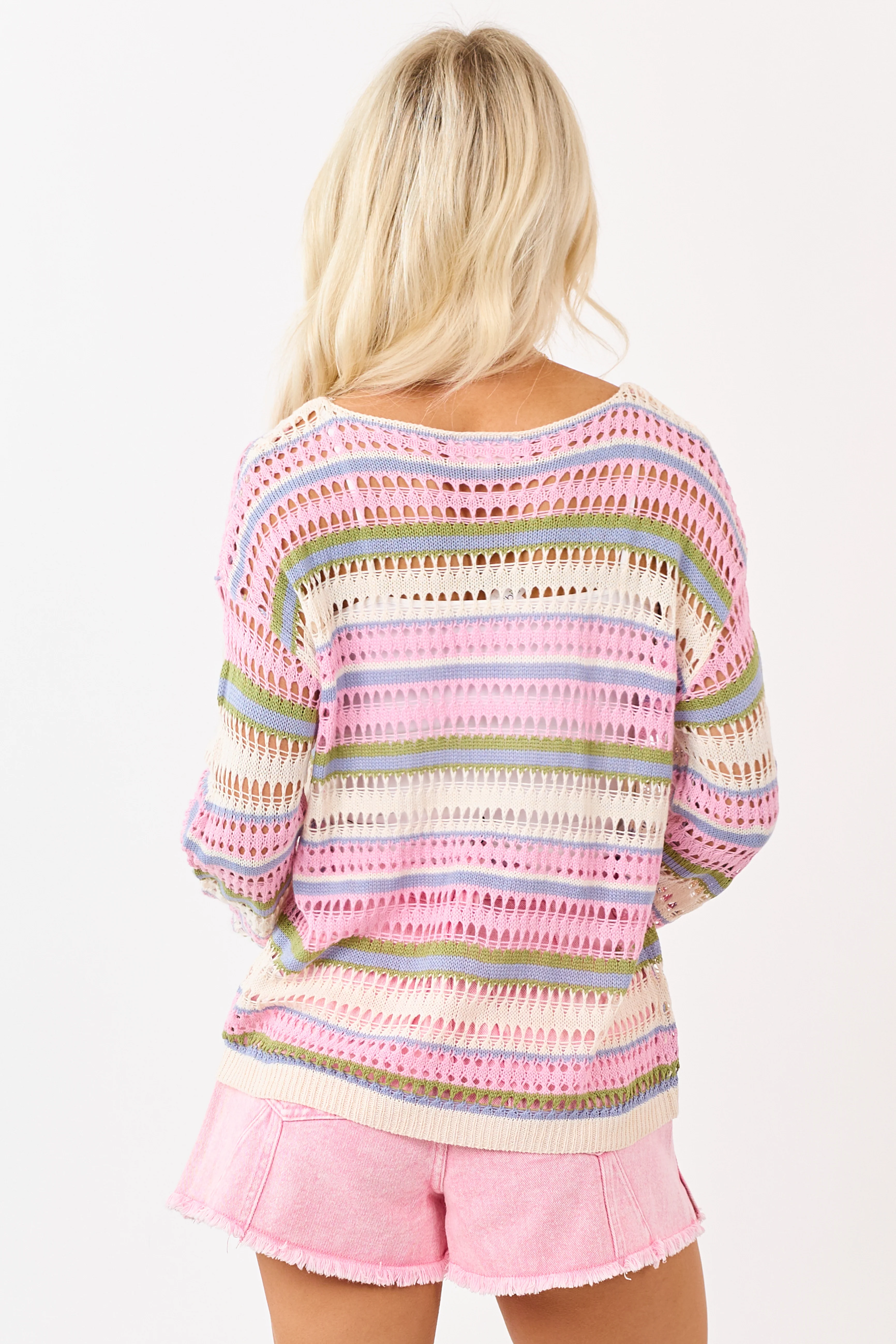 Baby Pink Striped Open Knit Long Sleeve Sweater - Image 5