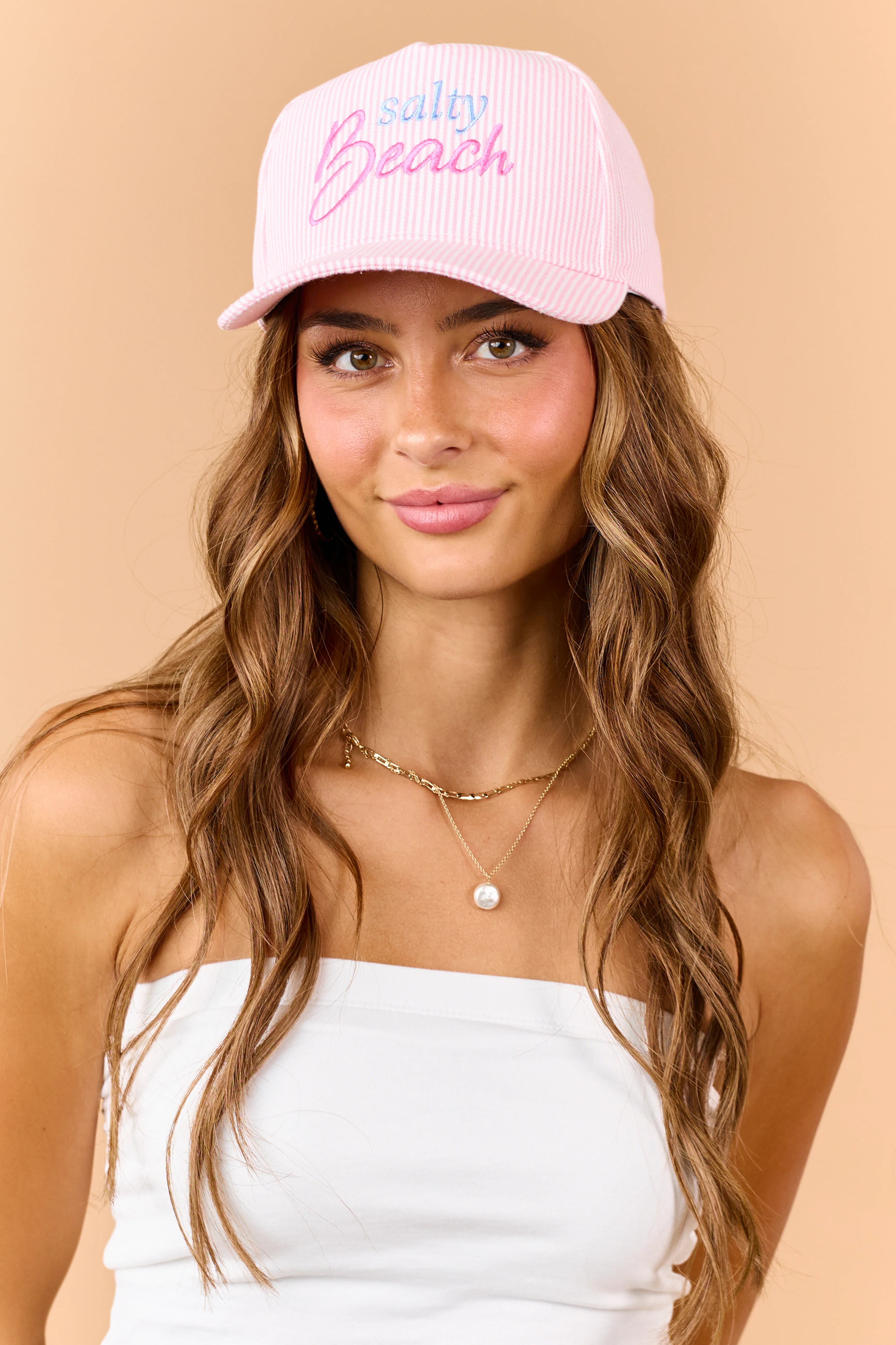 Baby Pink Striped 'Salty Beach' Embroidered Trucker Hat - Image 2