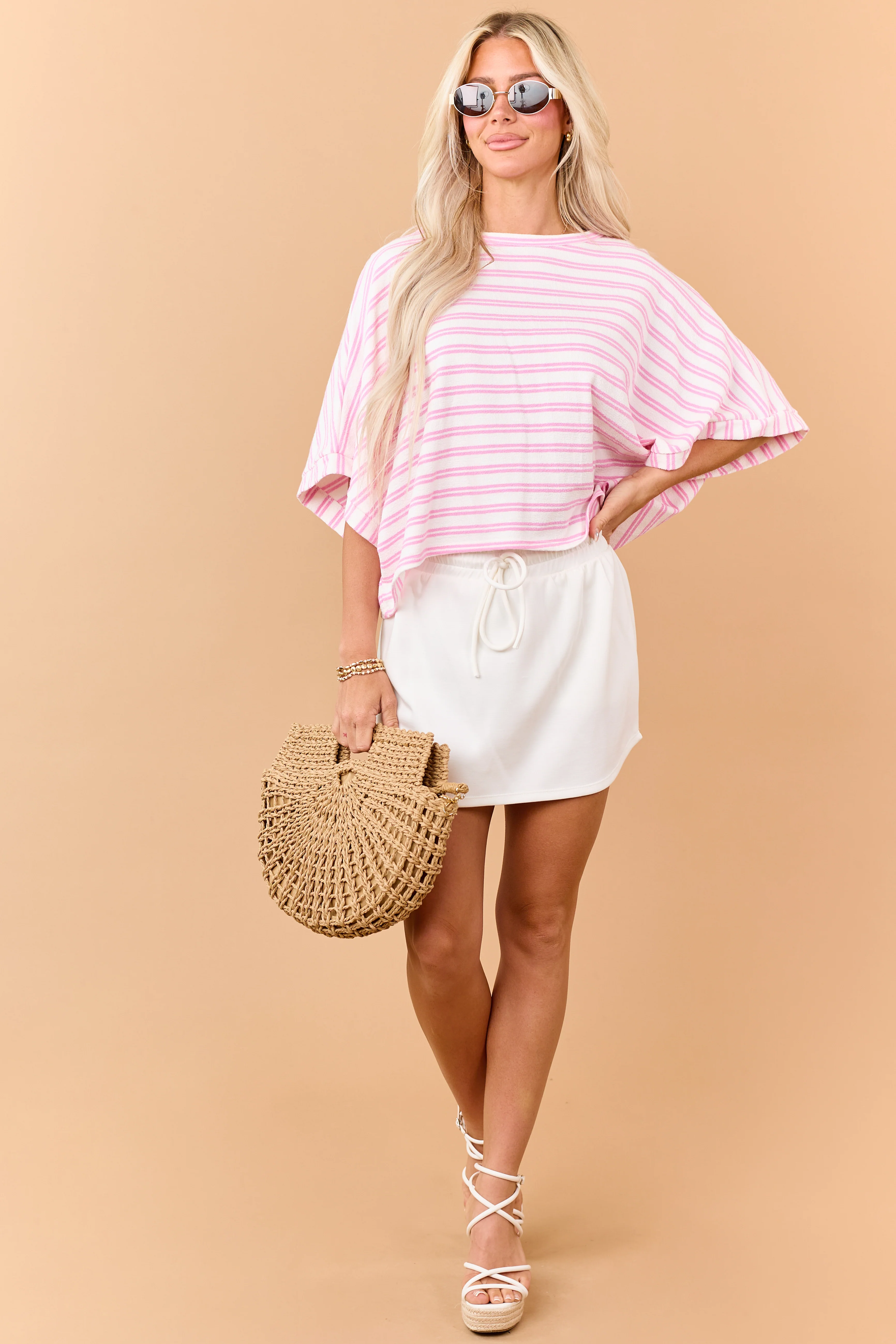 Baby Pink Striped Terry Cloth Half Sleeve Top - Image 2