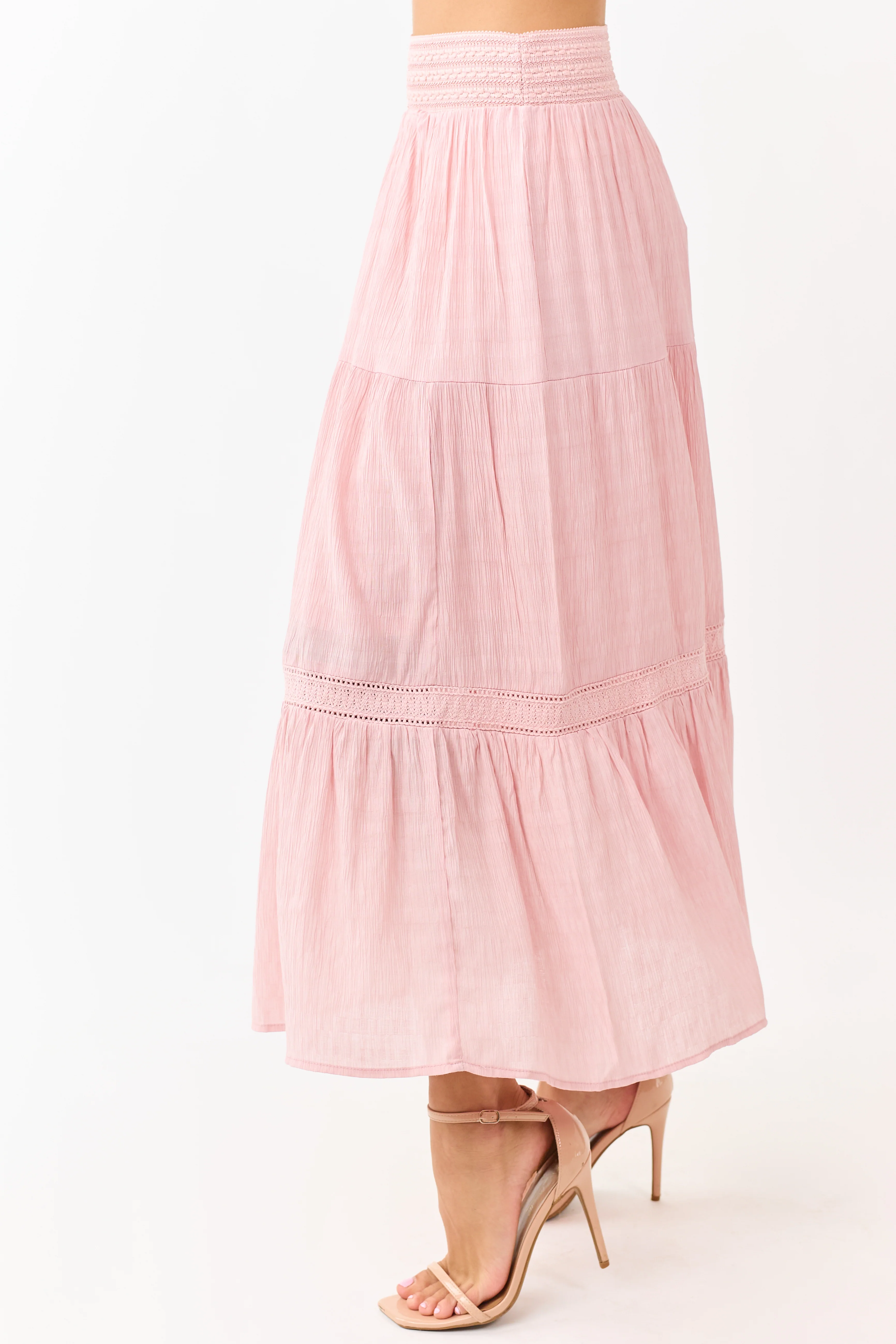 Baby Pink Tiered Smocked Waistband Midi Skirt - Image 3