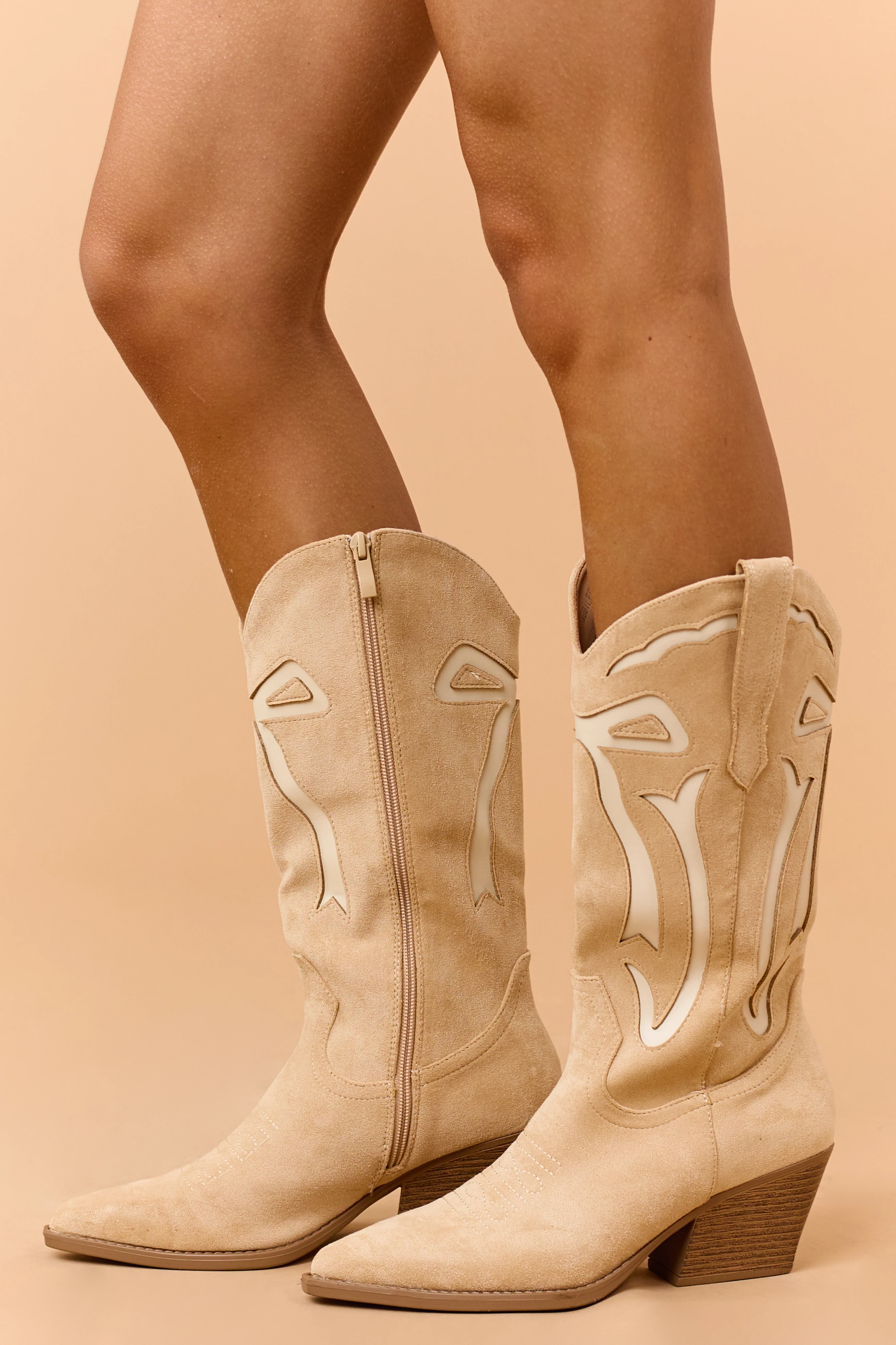 Beige and Cream Faux Suede Western Style Boots - Image 8