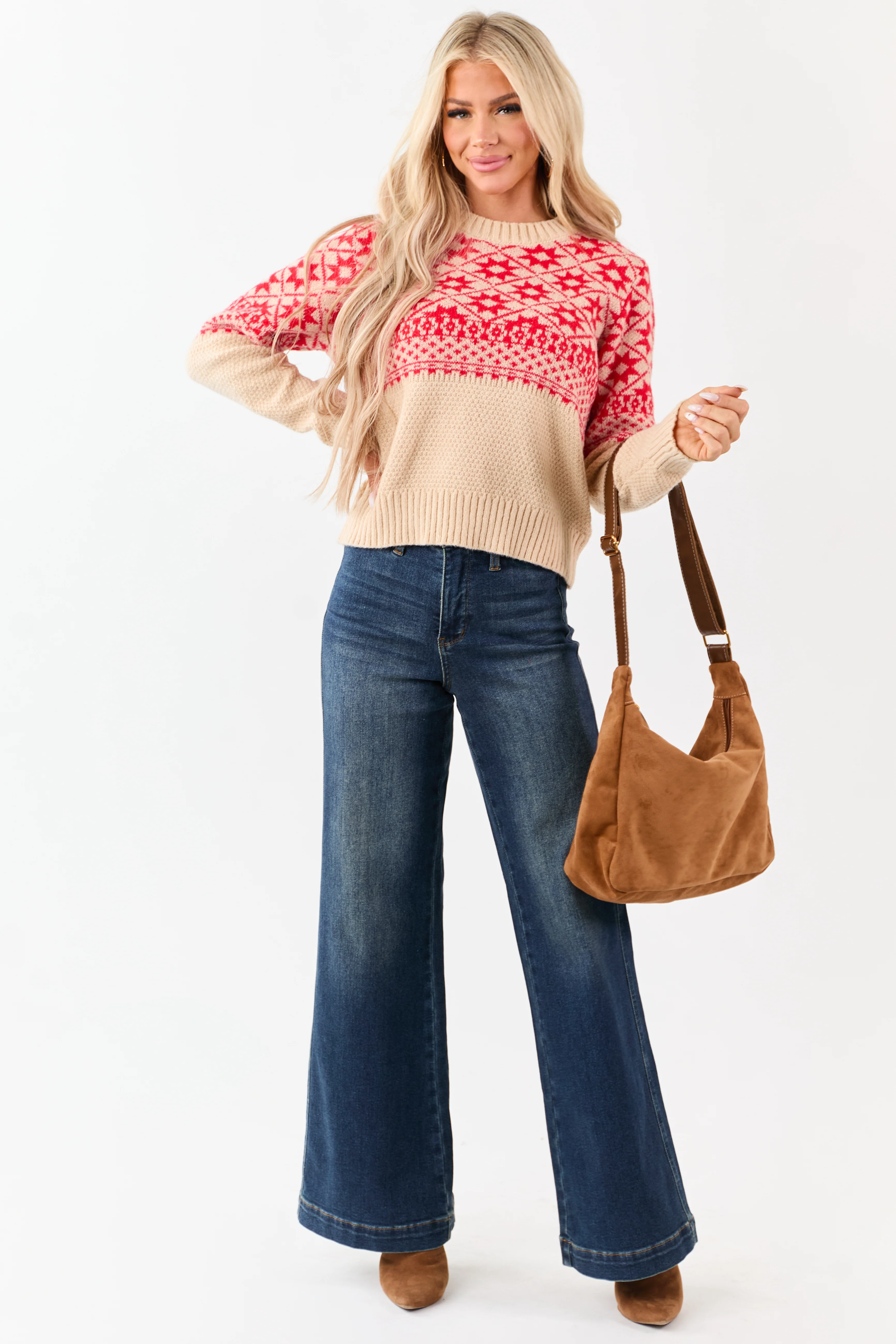 Beige and Crimson Geometric Print Sweater - Image 3