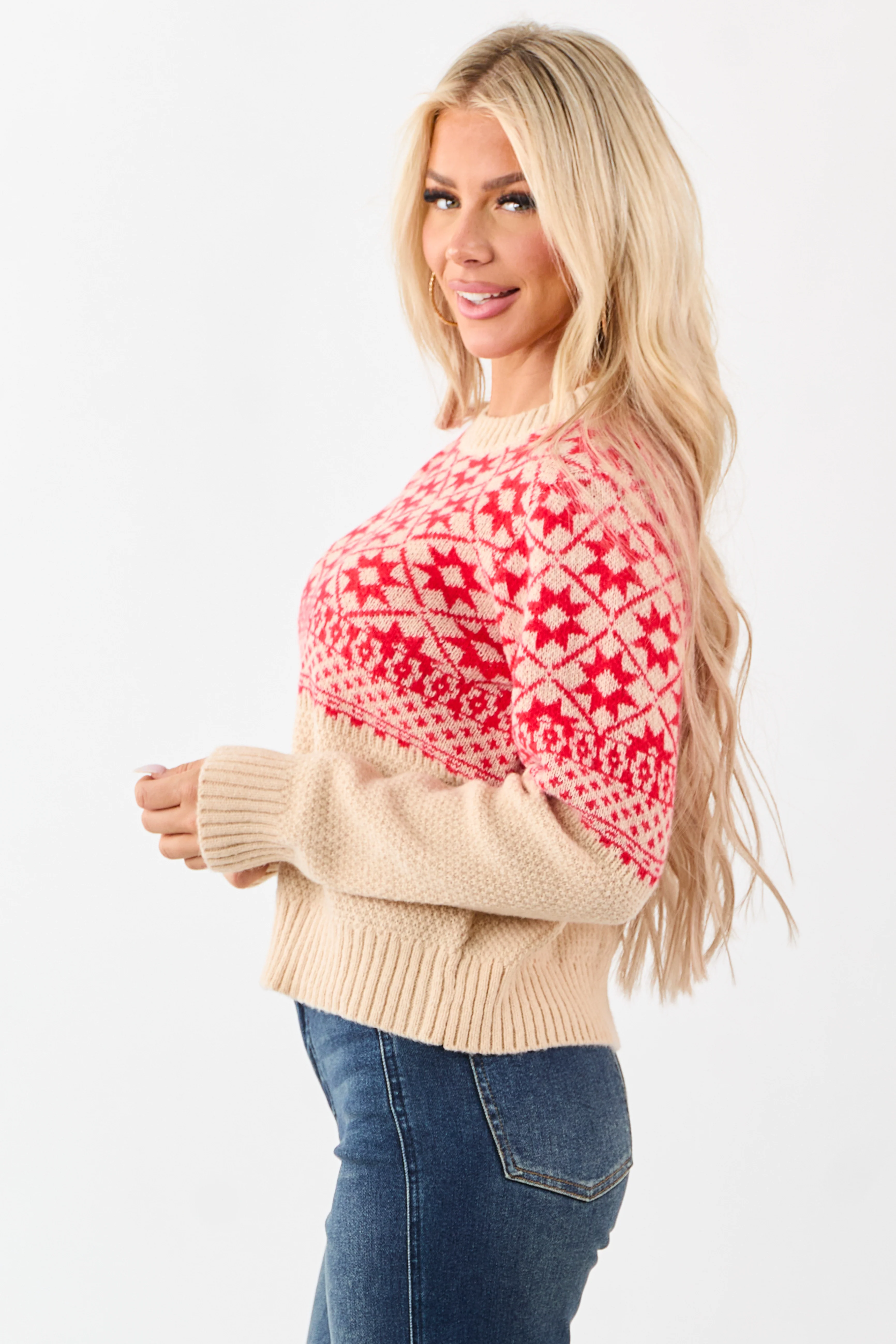 Beige and Crimson Geometric Print Sweater - Image 4