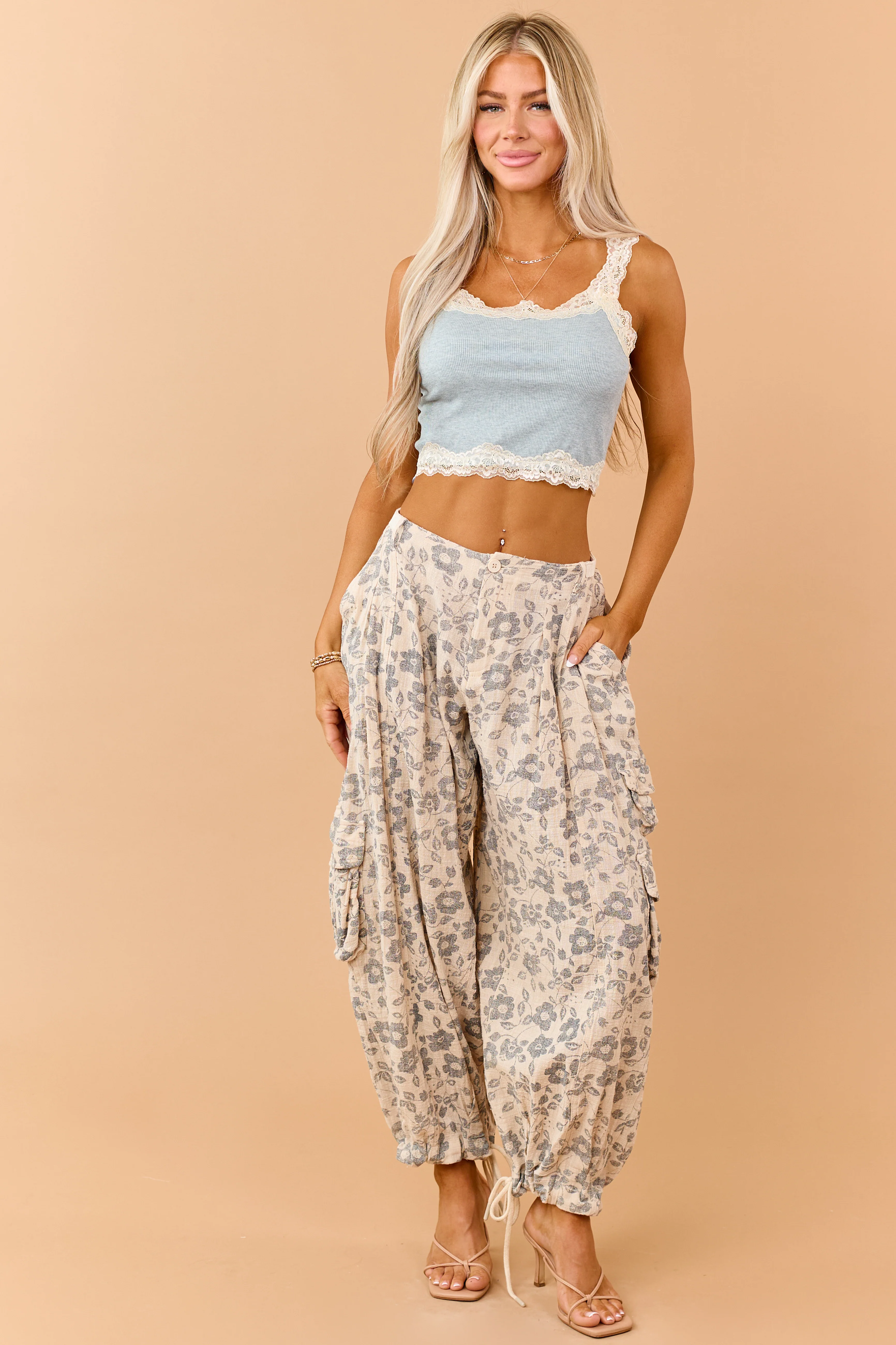 Beige Floral Print Drawstring Cuffs Cargo Pants - Image 2