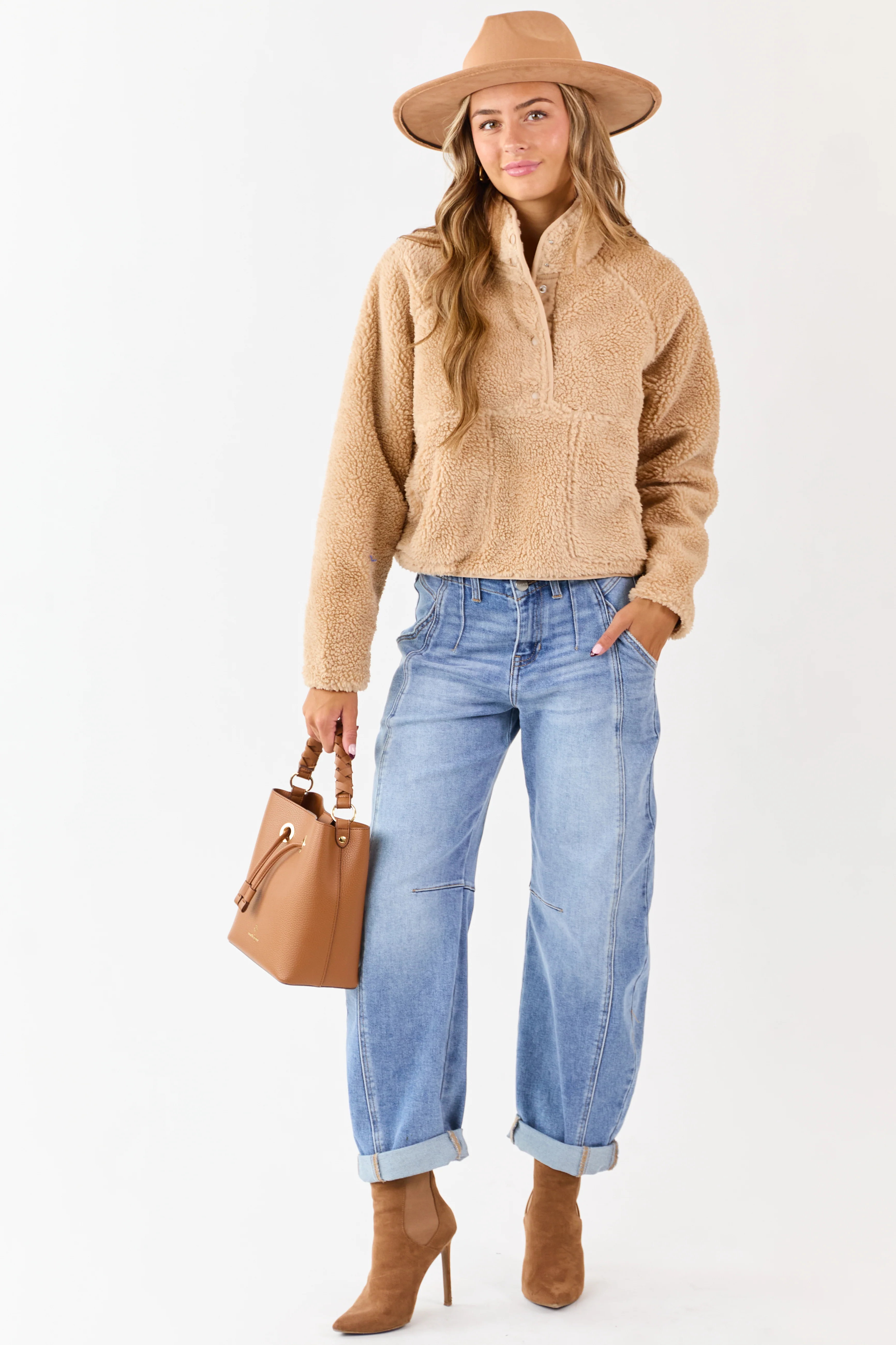 Beige Half Snap Button Sherpa Pullover Jacket - Image 3