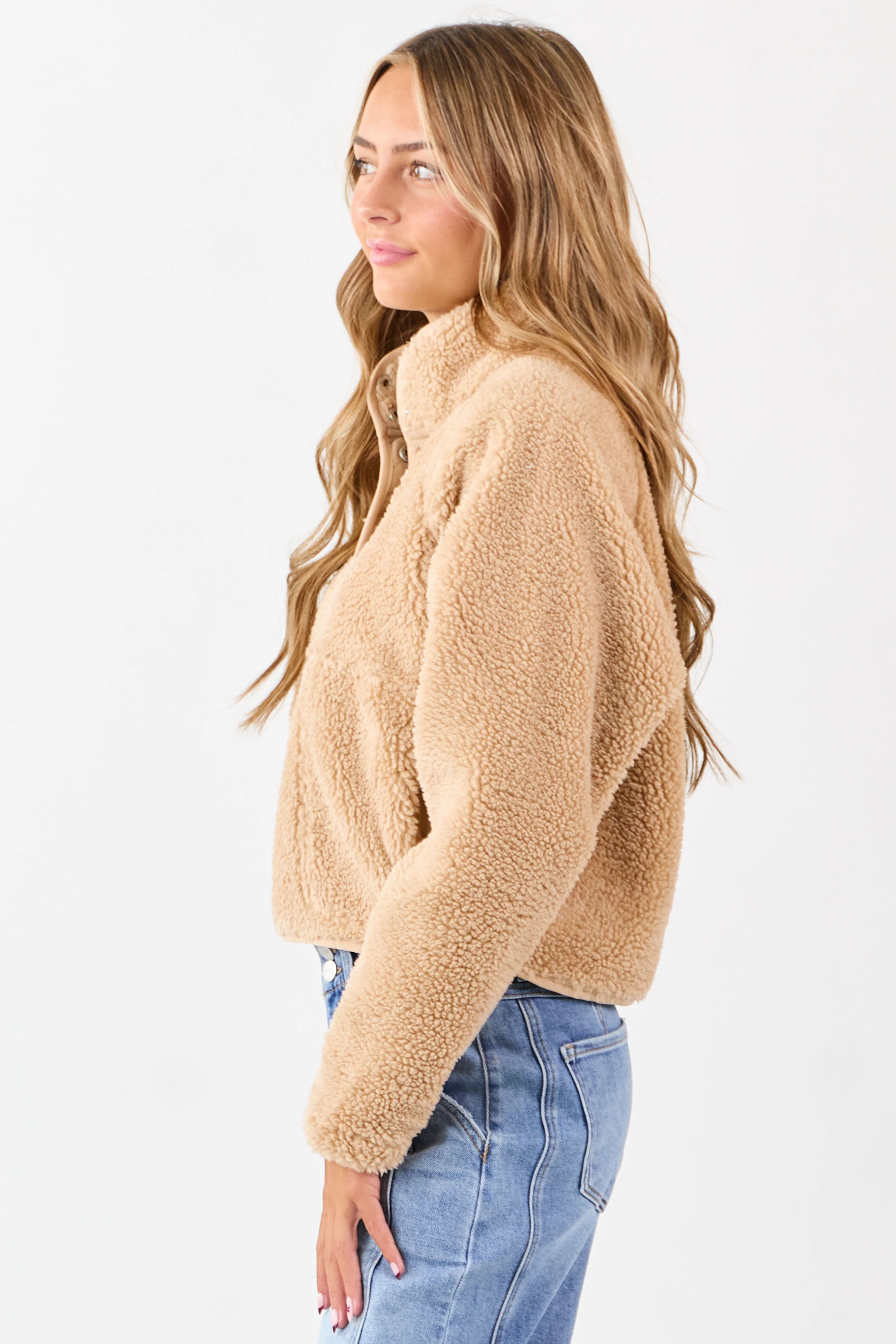 Beige Half Snap Button Sherpa Pullover Jacket - Image 4
