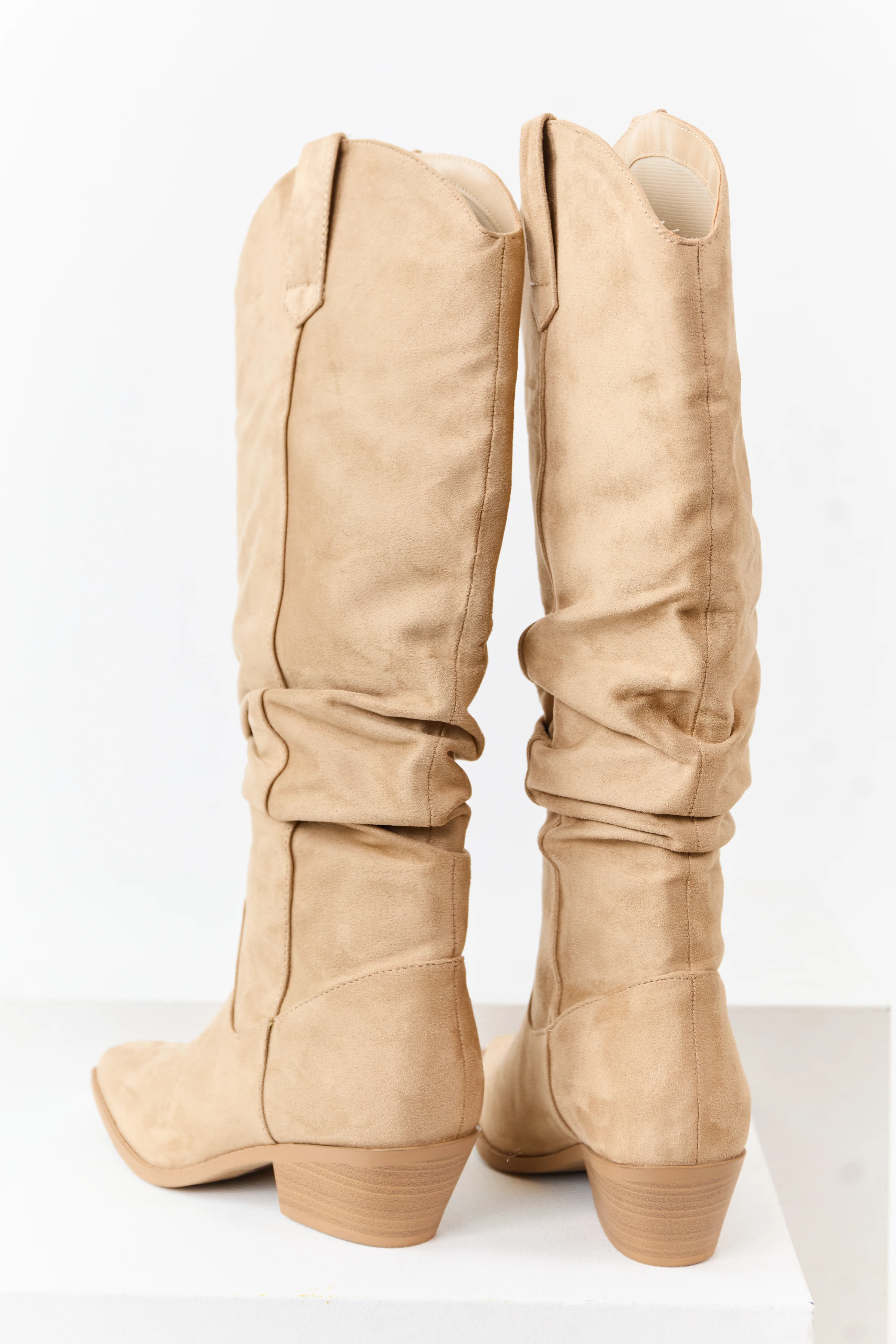 Beige Microsuede Western Style Slouch Tall Boots - Image 3