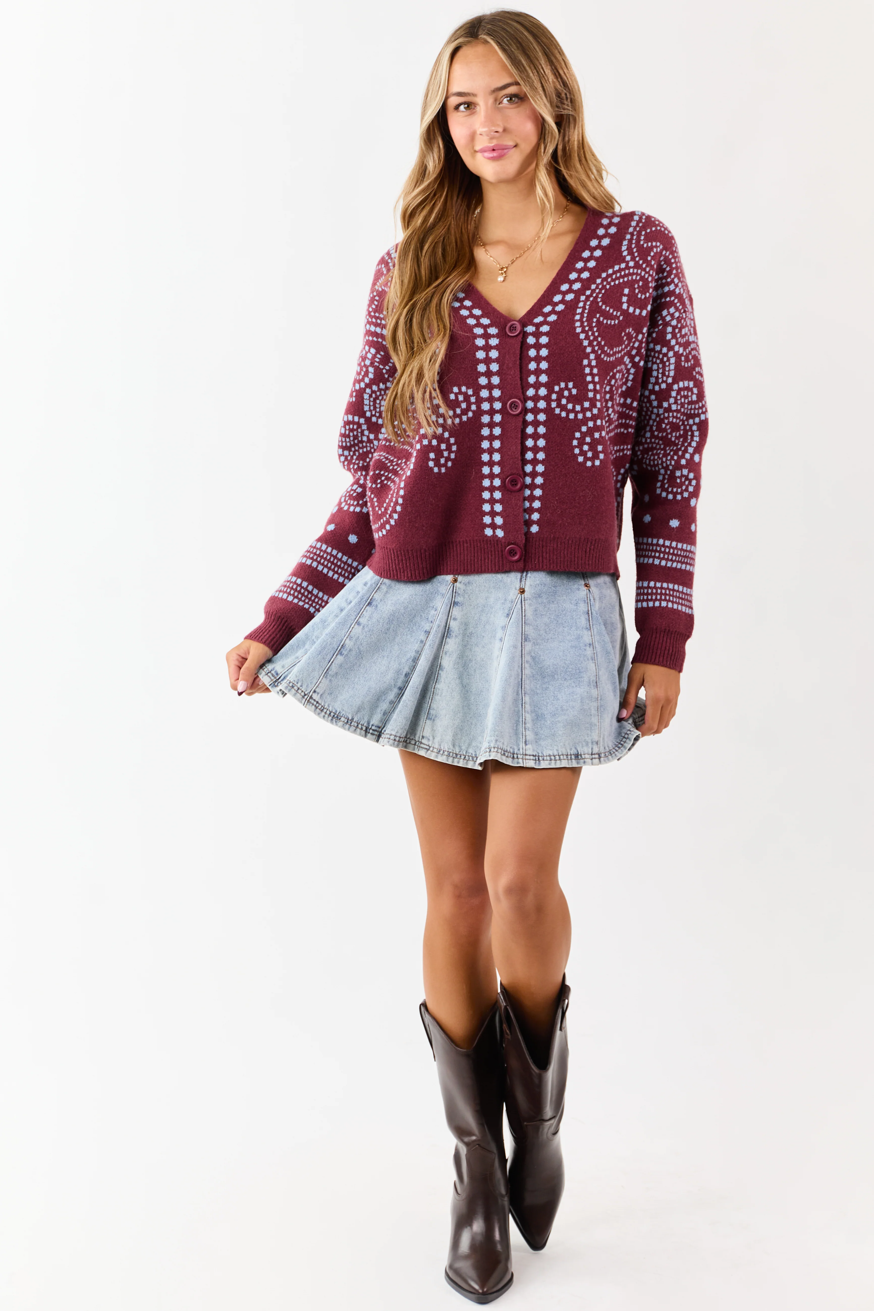 Berry Dot Art Damask Button Down Sweater Cardigan - Image 2