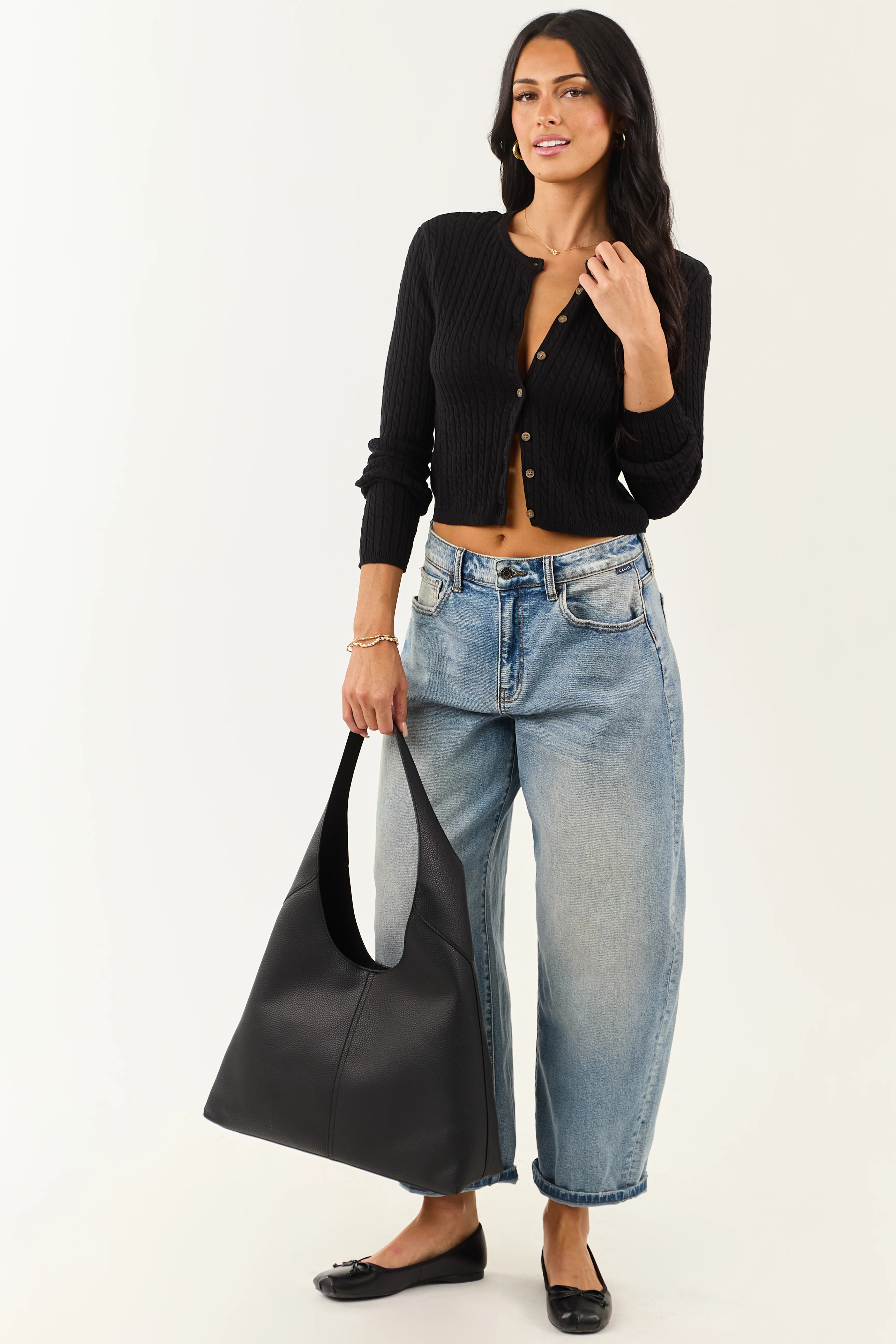 Black Button Down Cable Knit Cardigan - Image 3