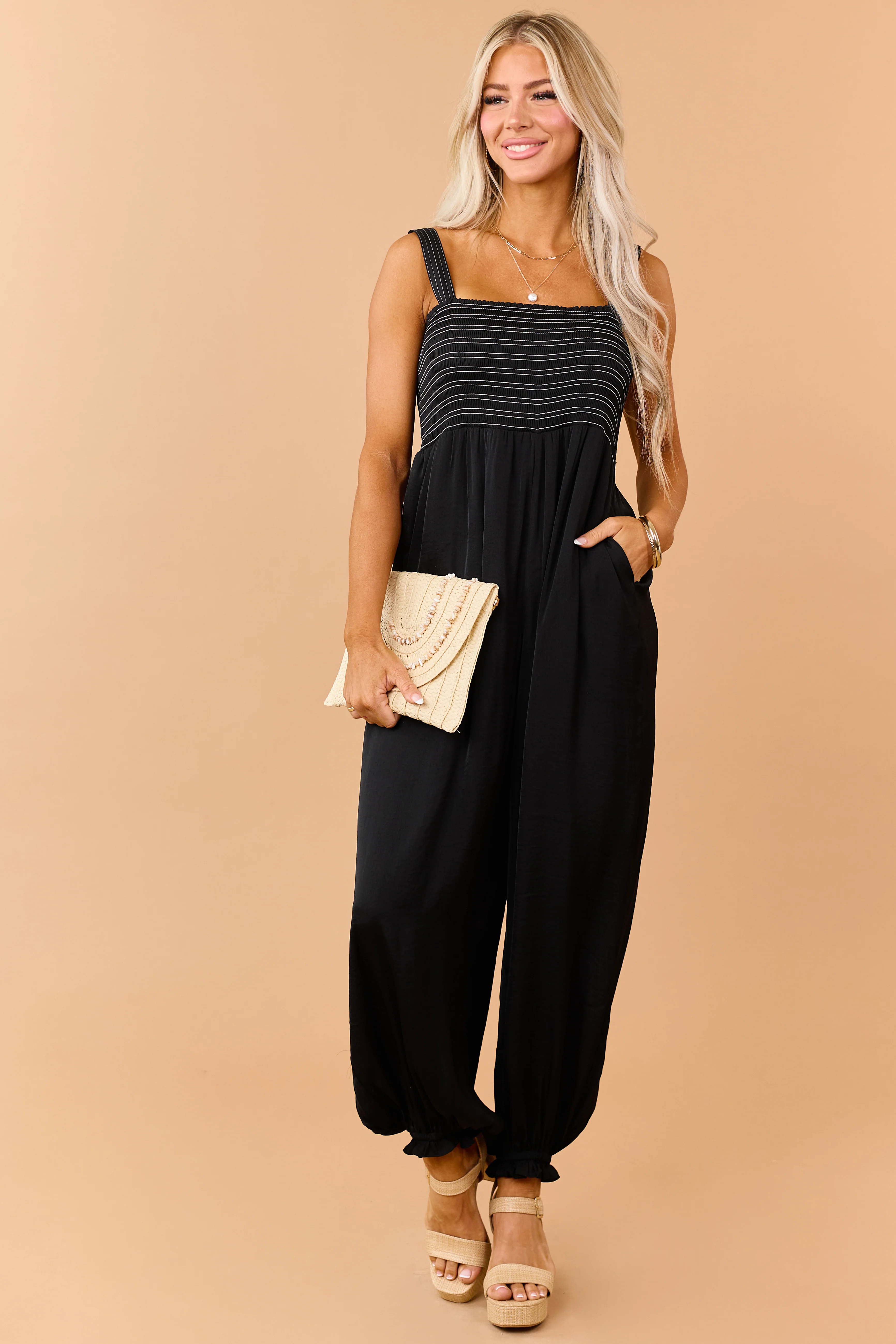 Black Contrast Stitch Smocked Bodice Jumpsuit - Image 2