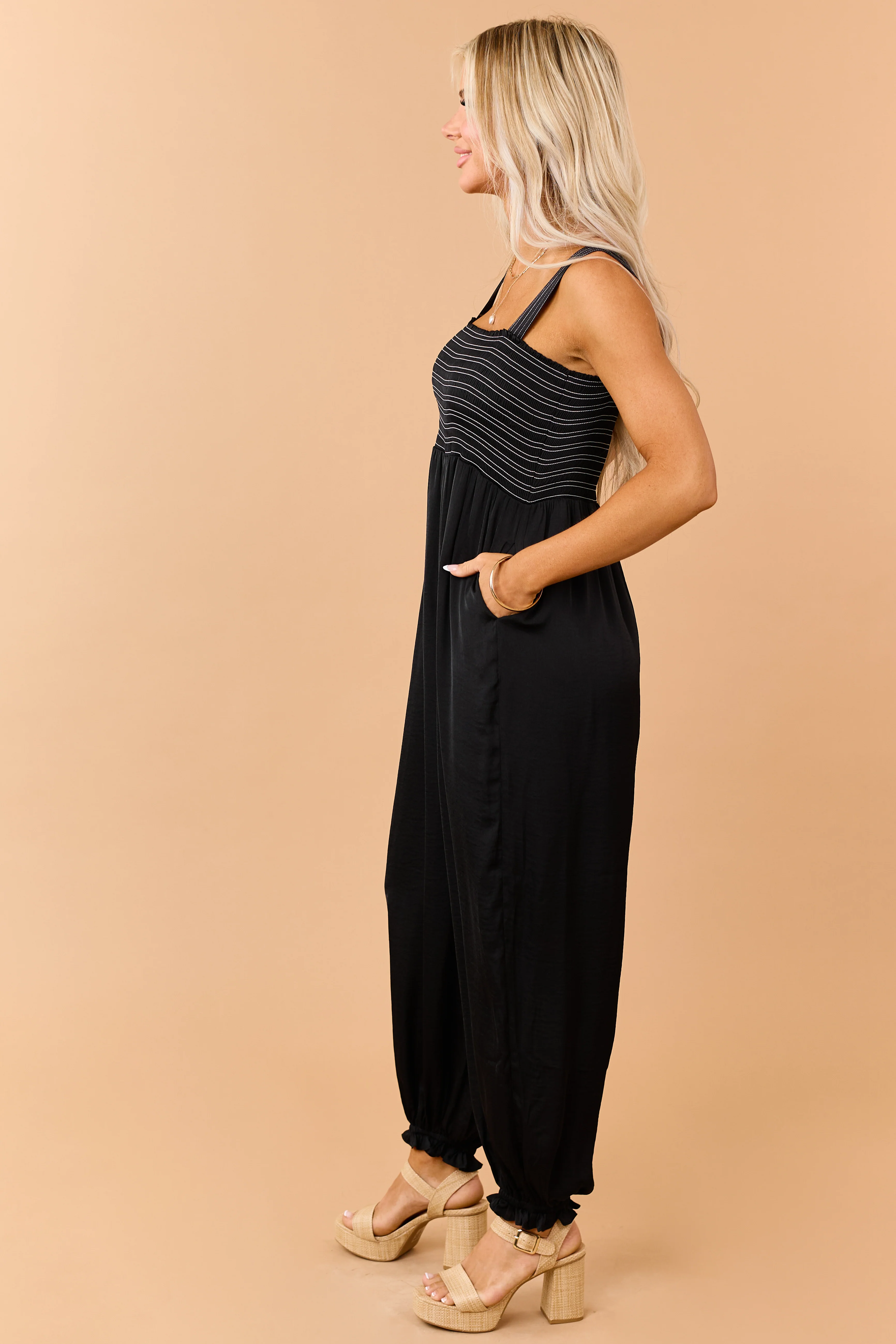 Black Contrast Stitch Smocked Bodice Jumpsuit - Image 4