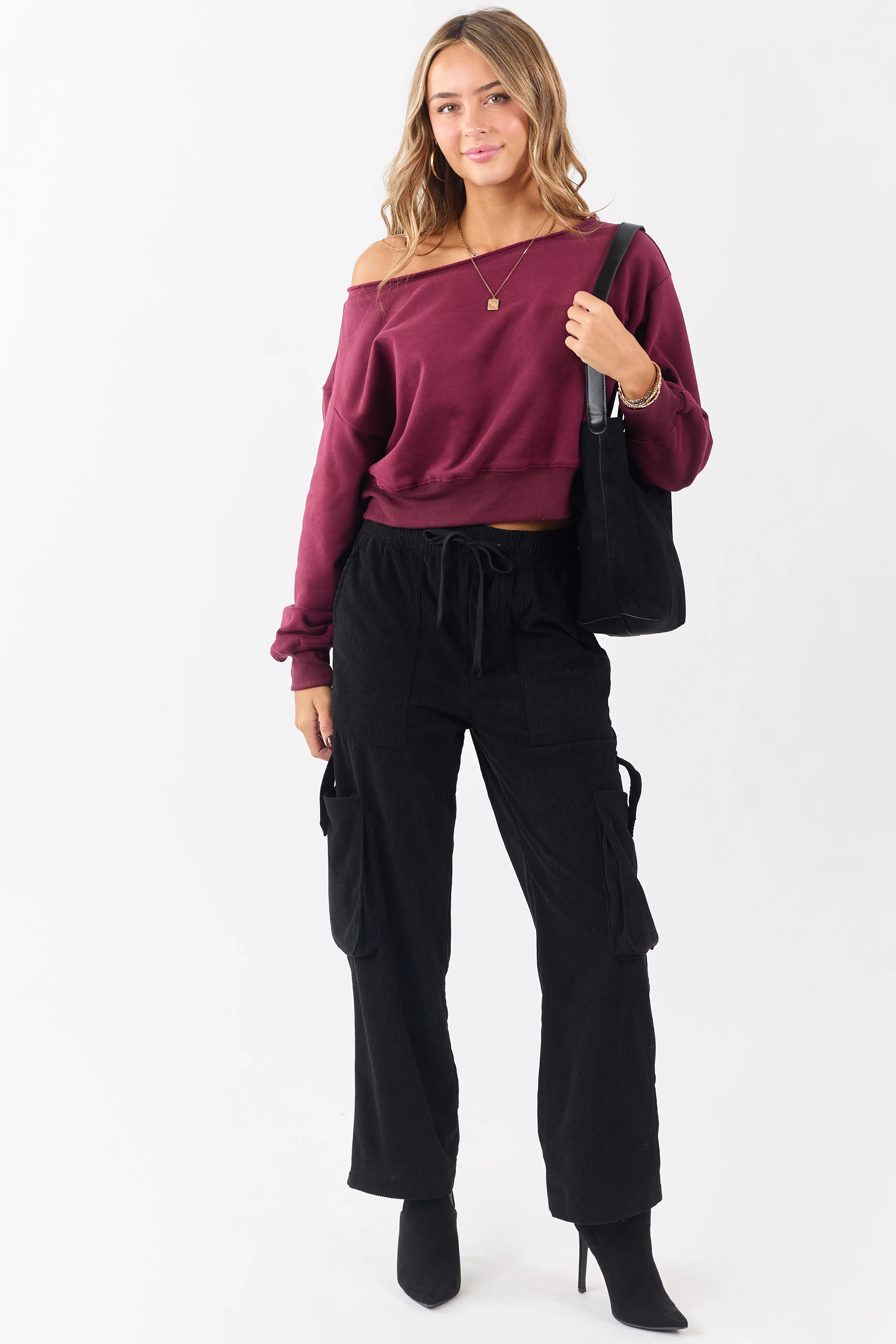 Black Corduroy Drawstring Waist Cargo Pants - Image 5
