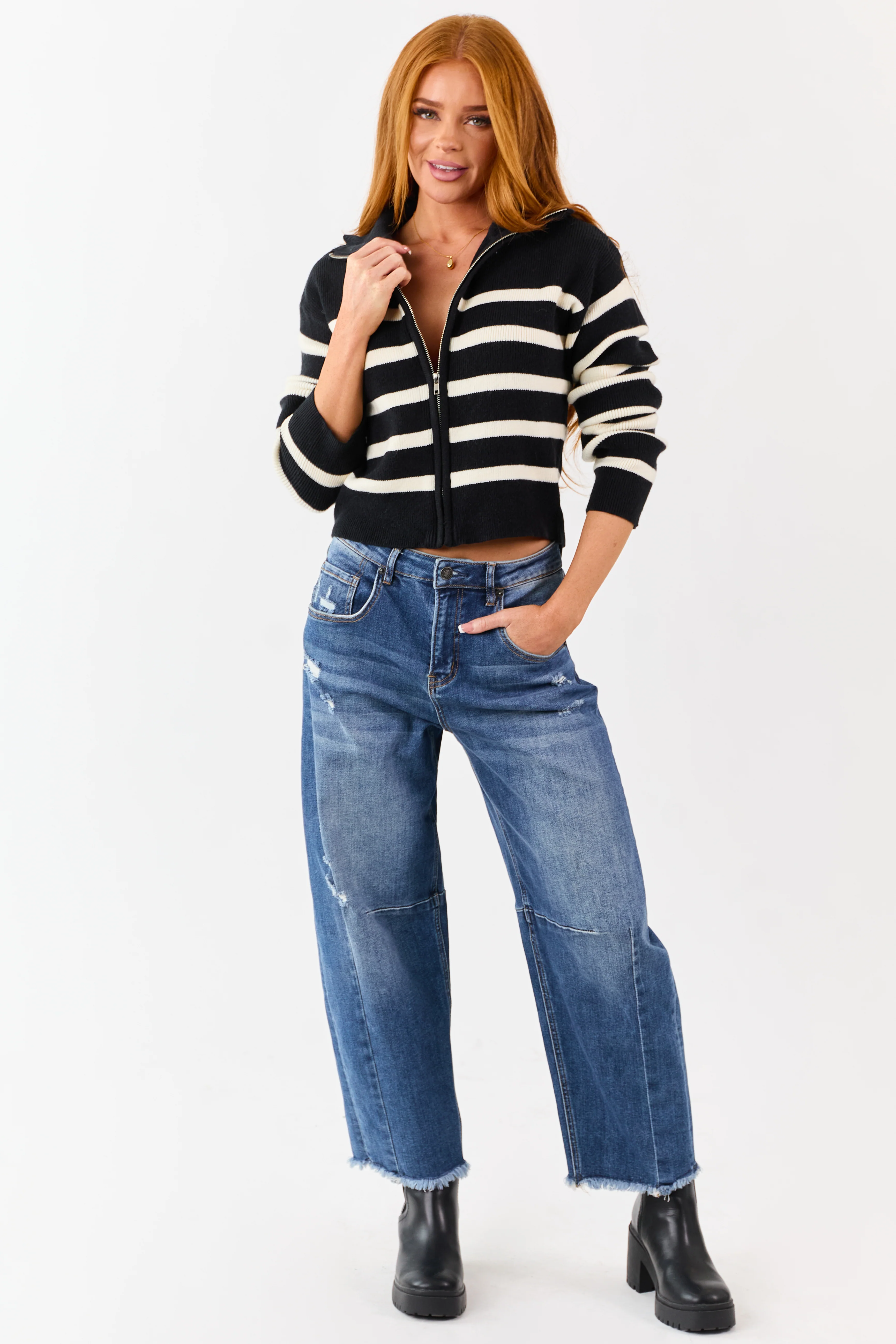 Black and Cream Striped Zip Up Sweater Jacket - Image 3