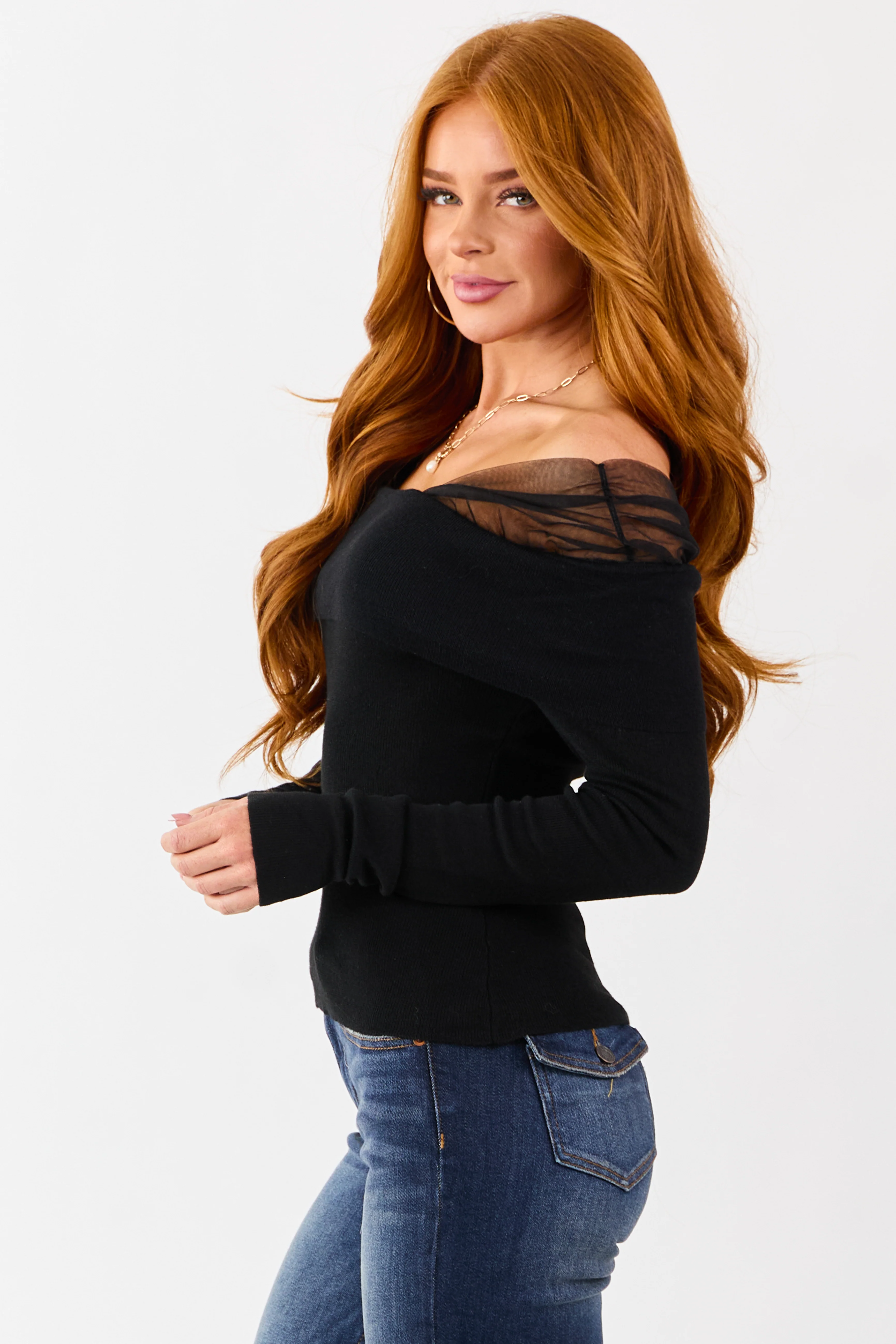 Black Cropped Off Shoulder Long Sleeve Knit Top - Image 4