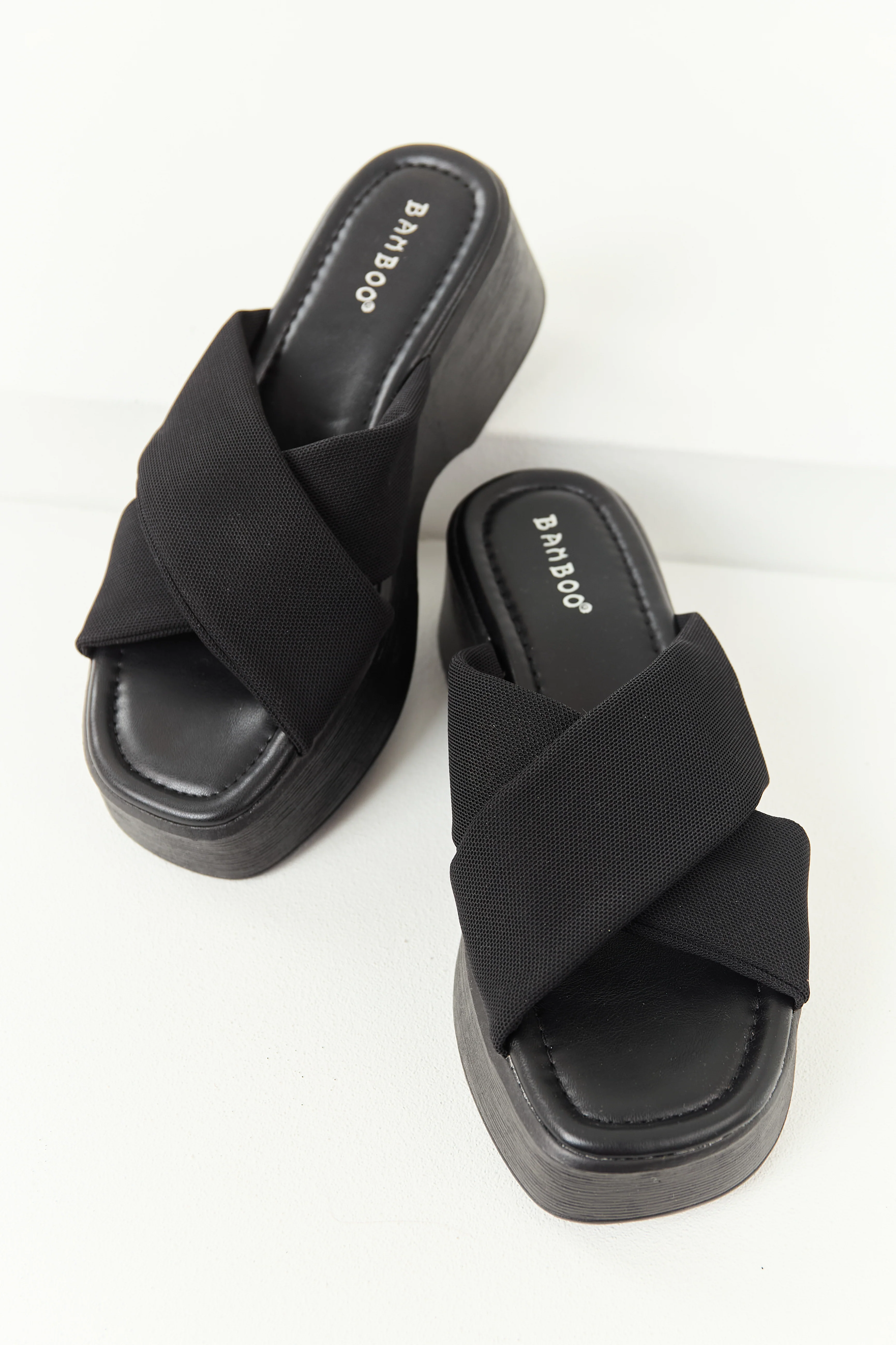 Black Cross Strap Slip On Open Toe Platforms