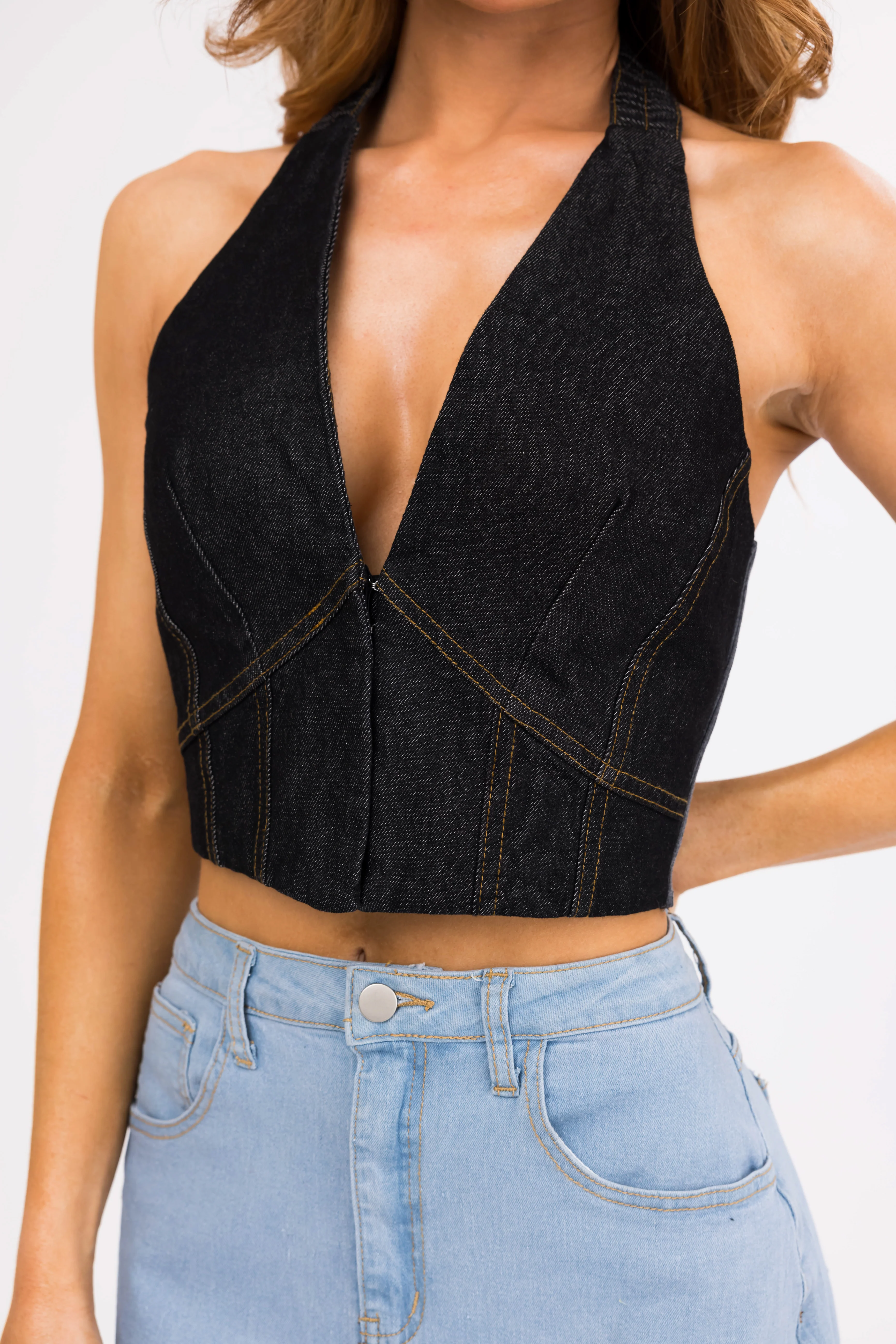 Black Denim Deep V Halter Neck Crop Top - Image 6