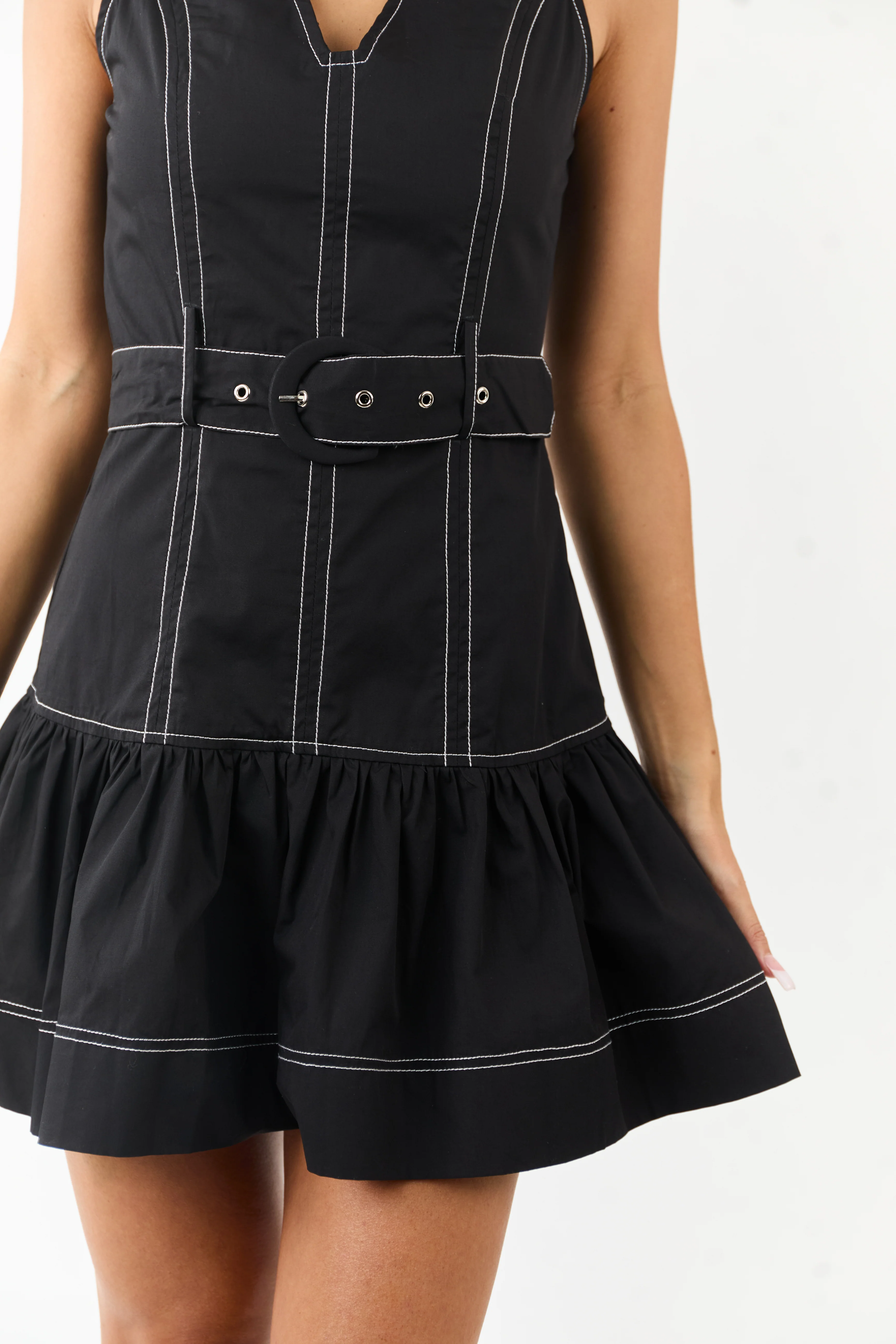 Black Drop Waist Cotton Mini Dress with Belt - Image 7