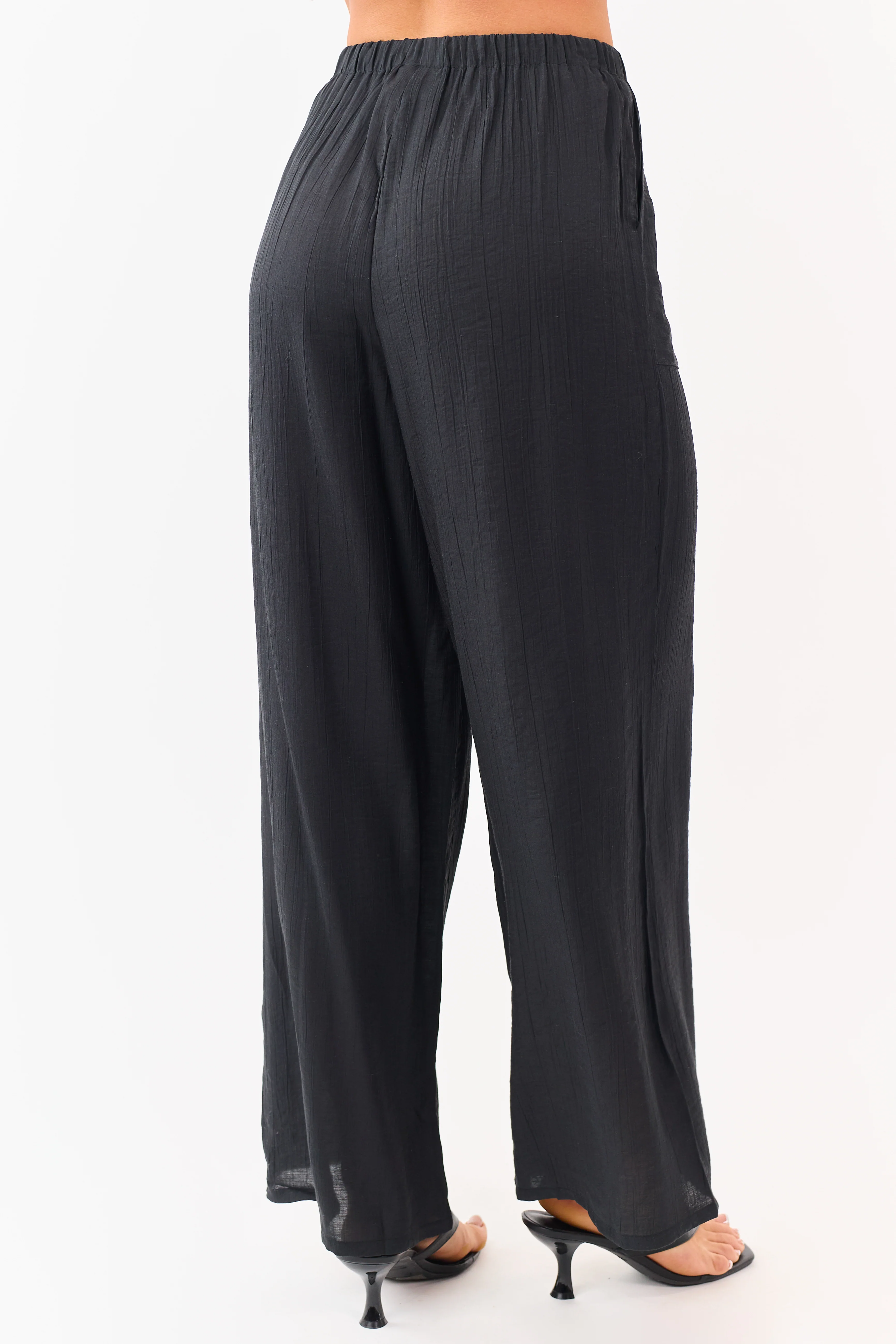 Black Elastic Waistband Wide Leg Flowy Pants - Image 4