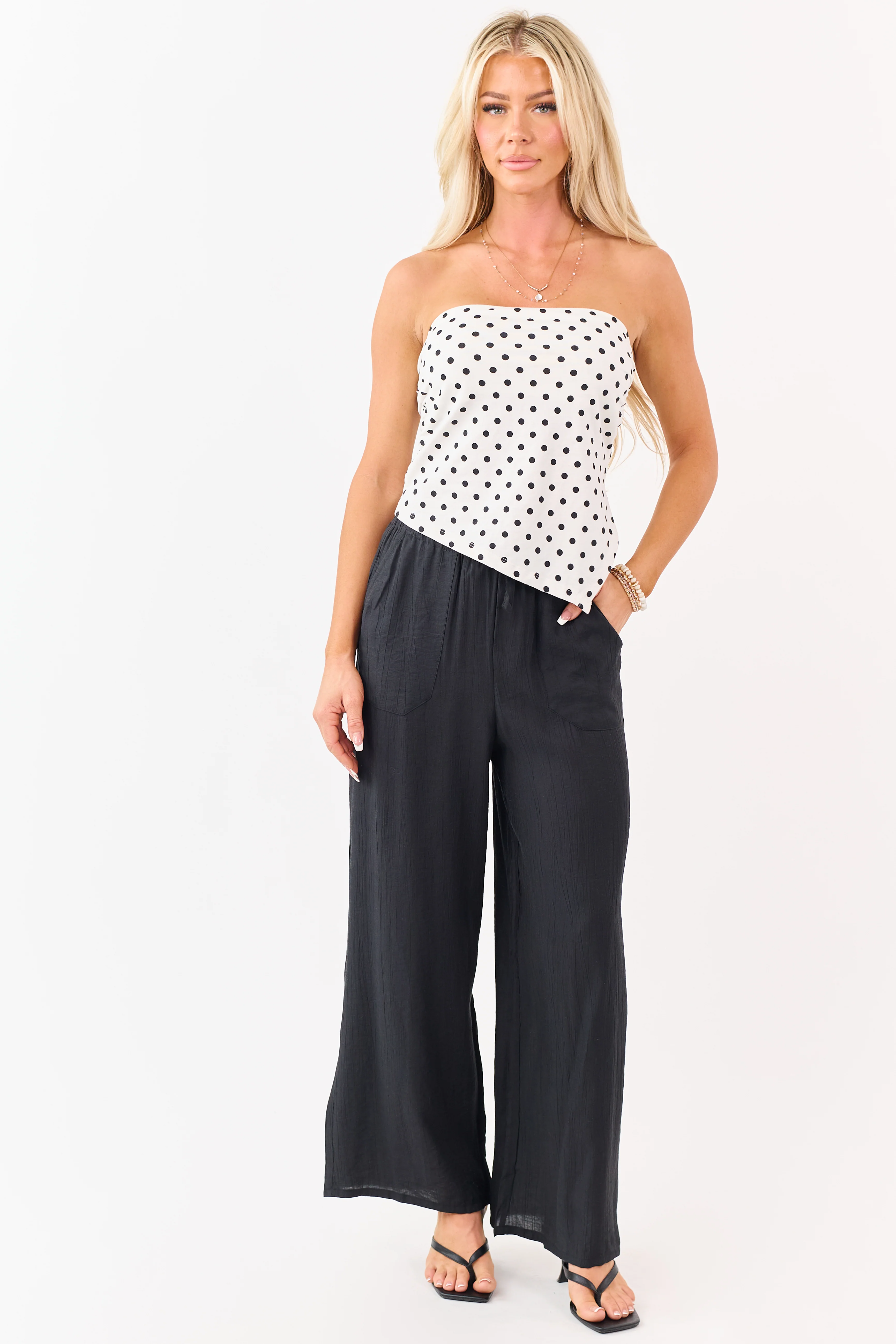 Black Elastic Waistband Wide Leg Flowy Pants - Image 7