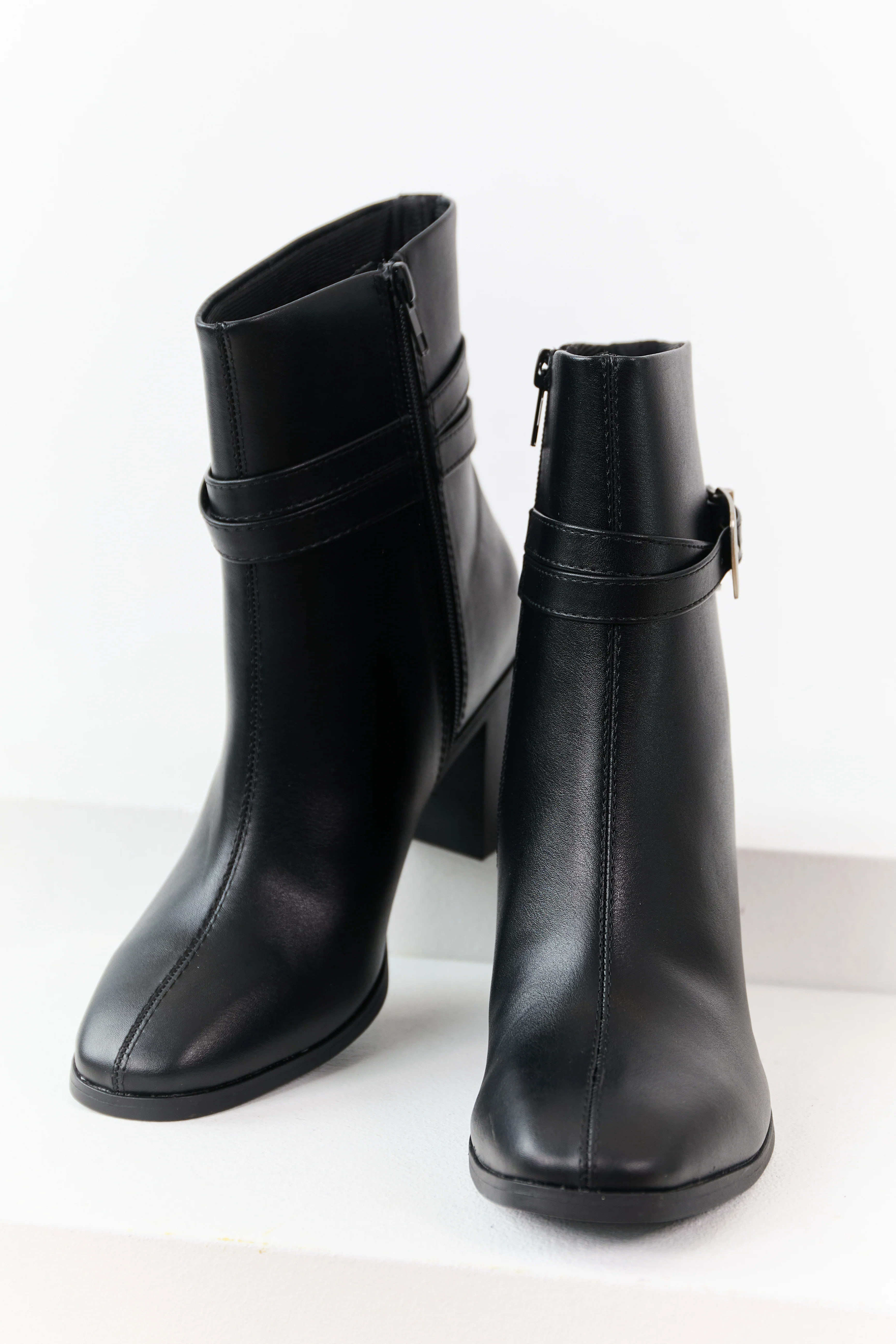 Black Faux Leather Block Heel Buckle Booties - Image 2