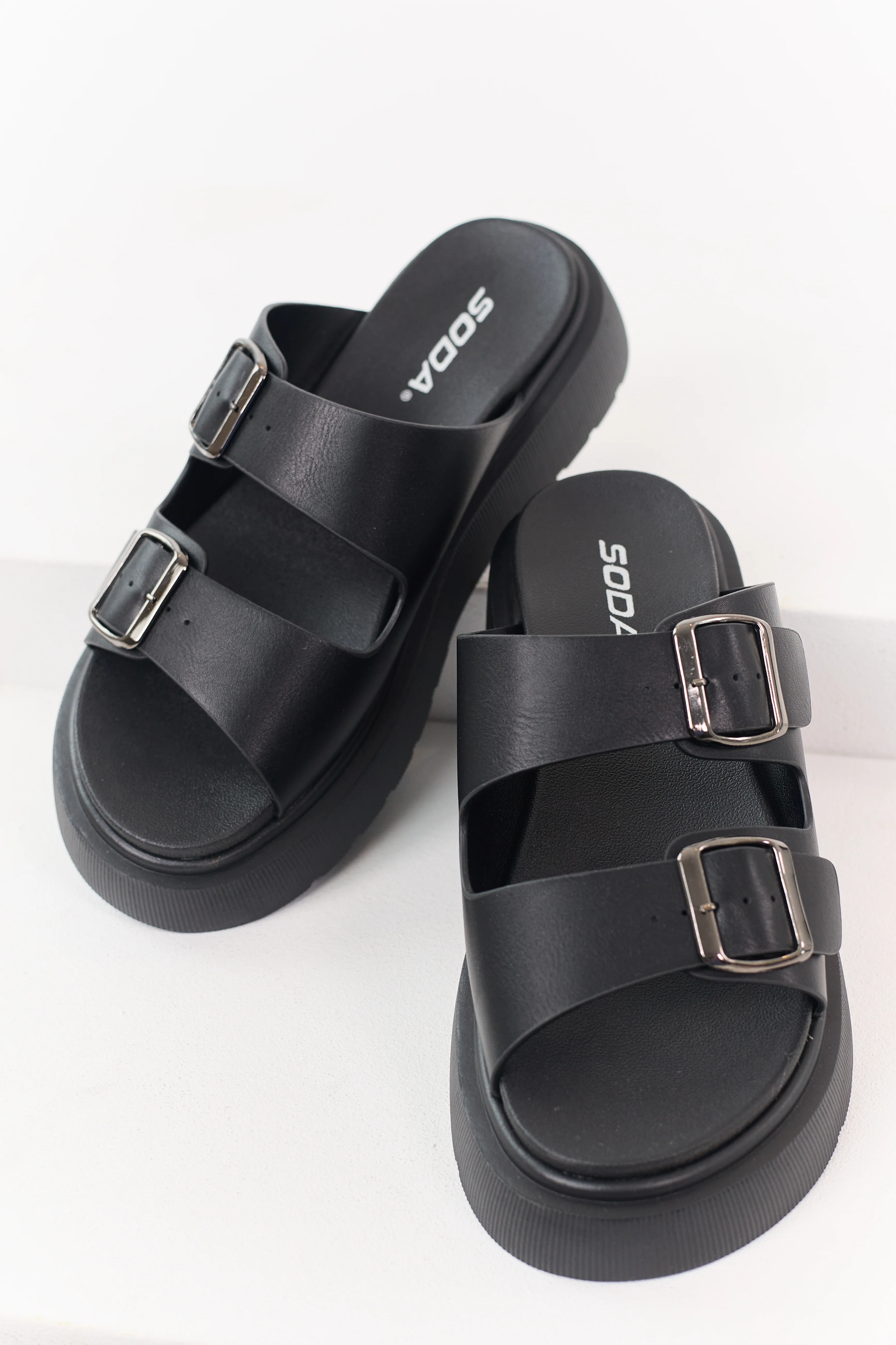Black Faux Leather Double Strap Platform Sandals - Image 2
