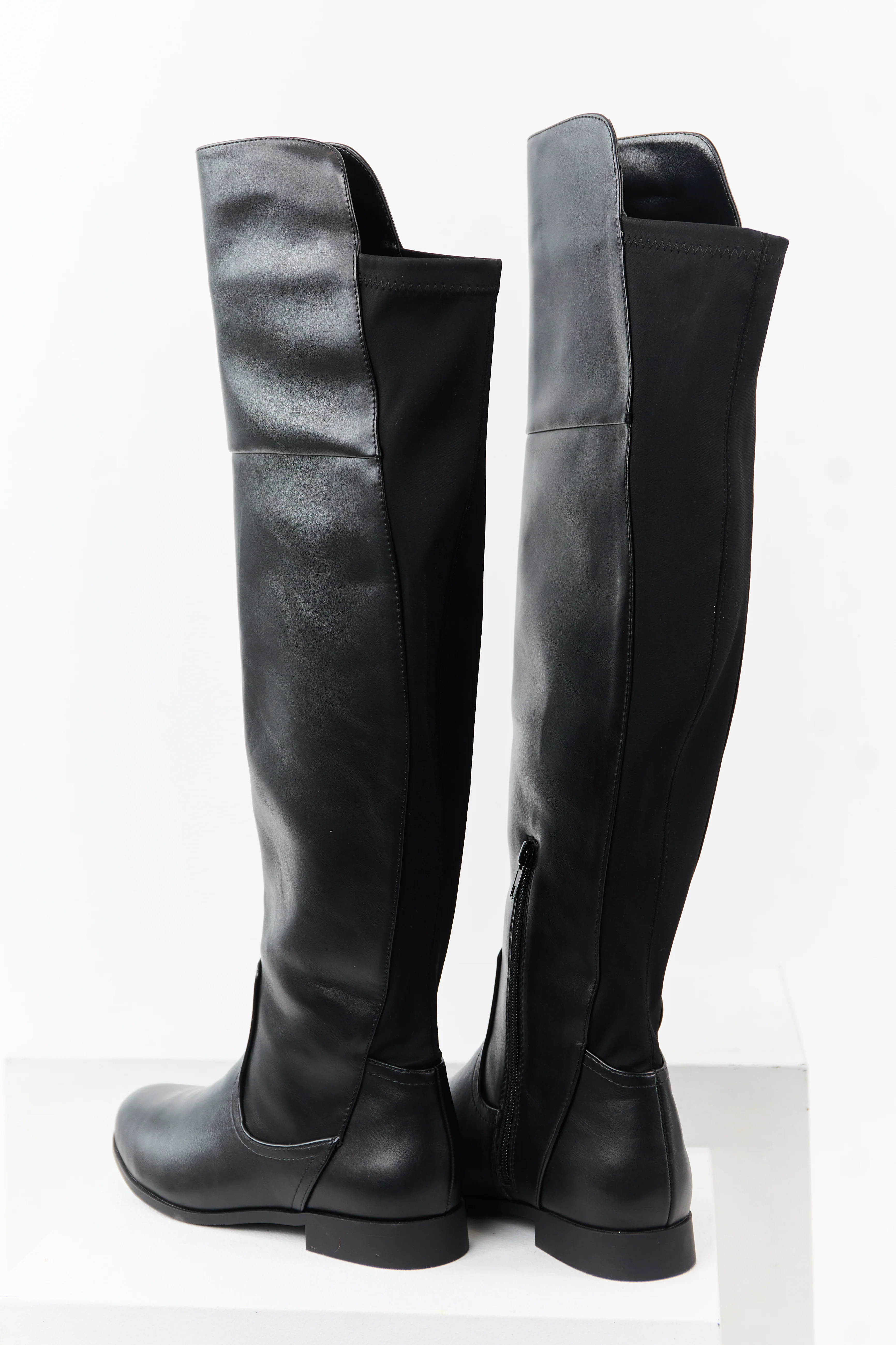 Black Faux Leather Over the Knee Round Toe Boots - Image 3