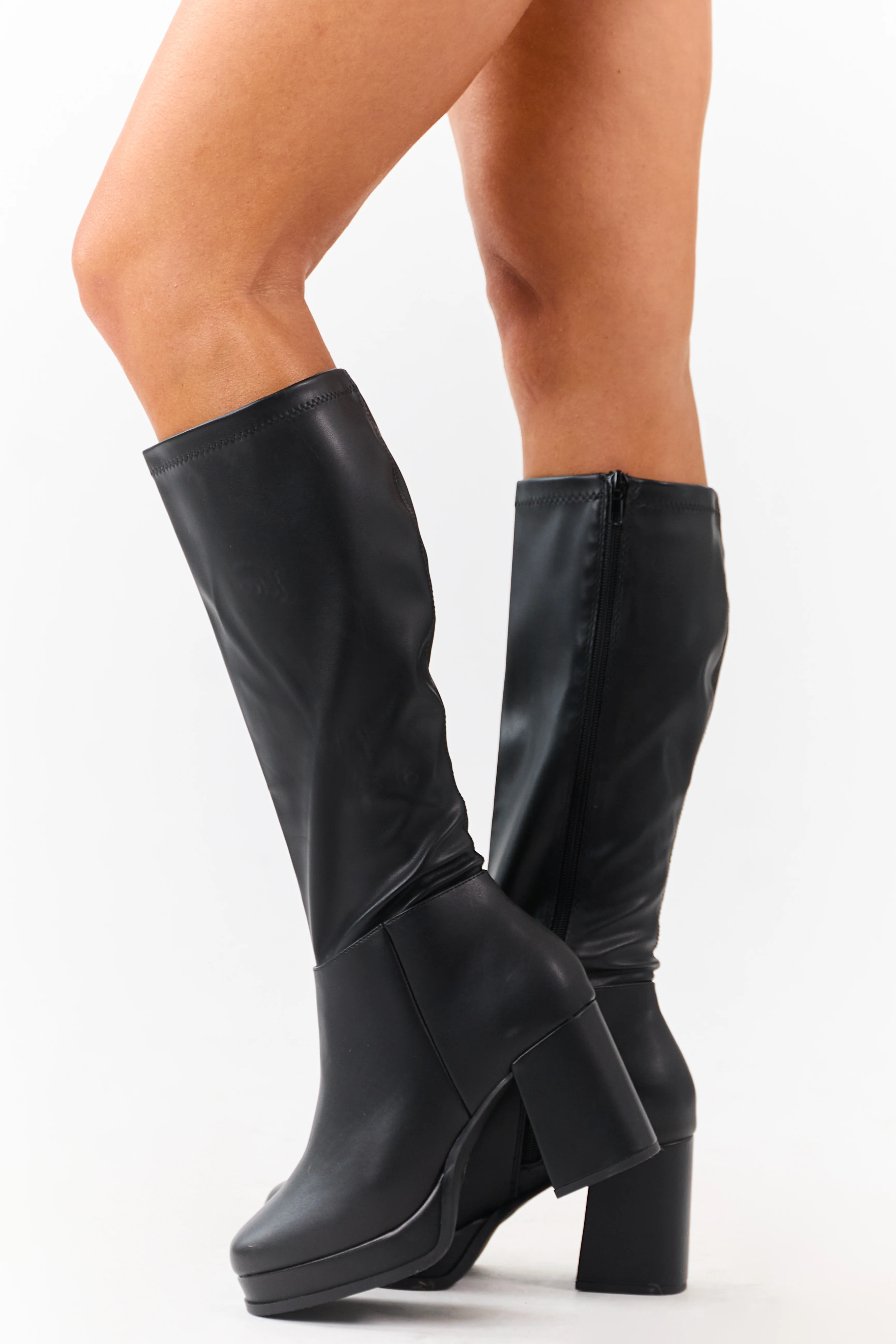 Black Faux Leather Platform Block Heel Boots - Image 5