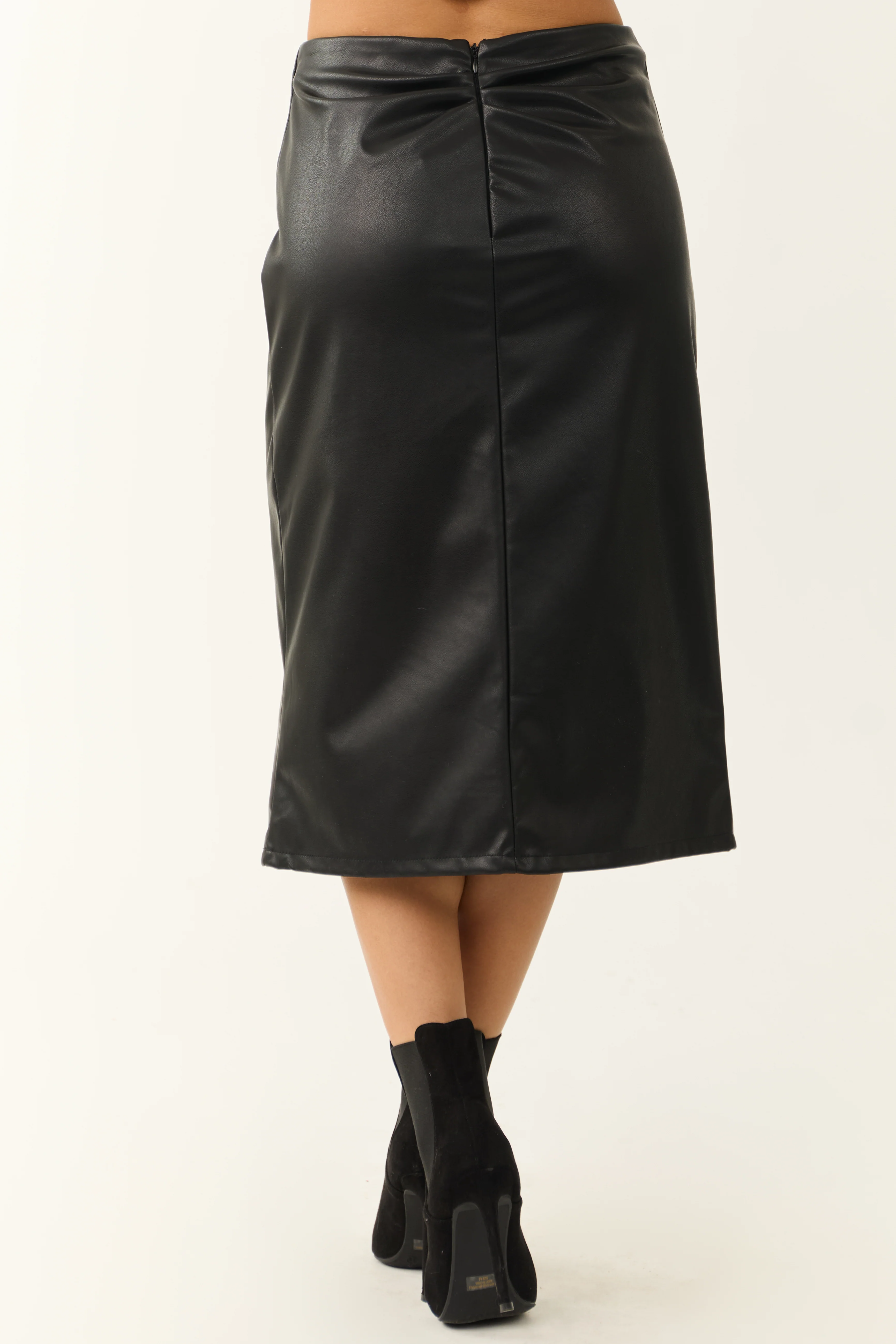 Black Faux Leather Pleating Detail Midi Skirt - Image 4