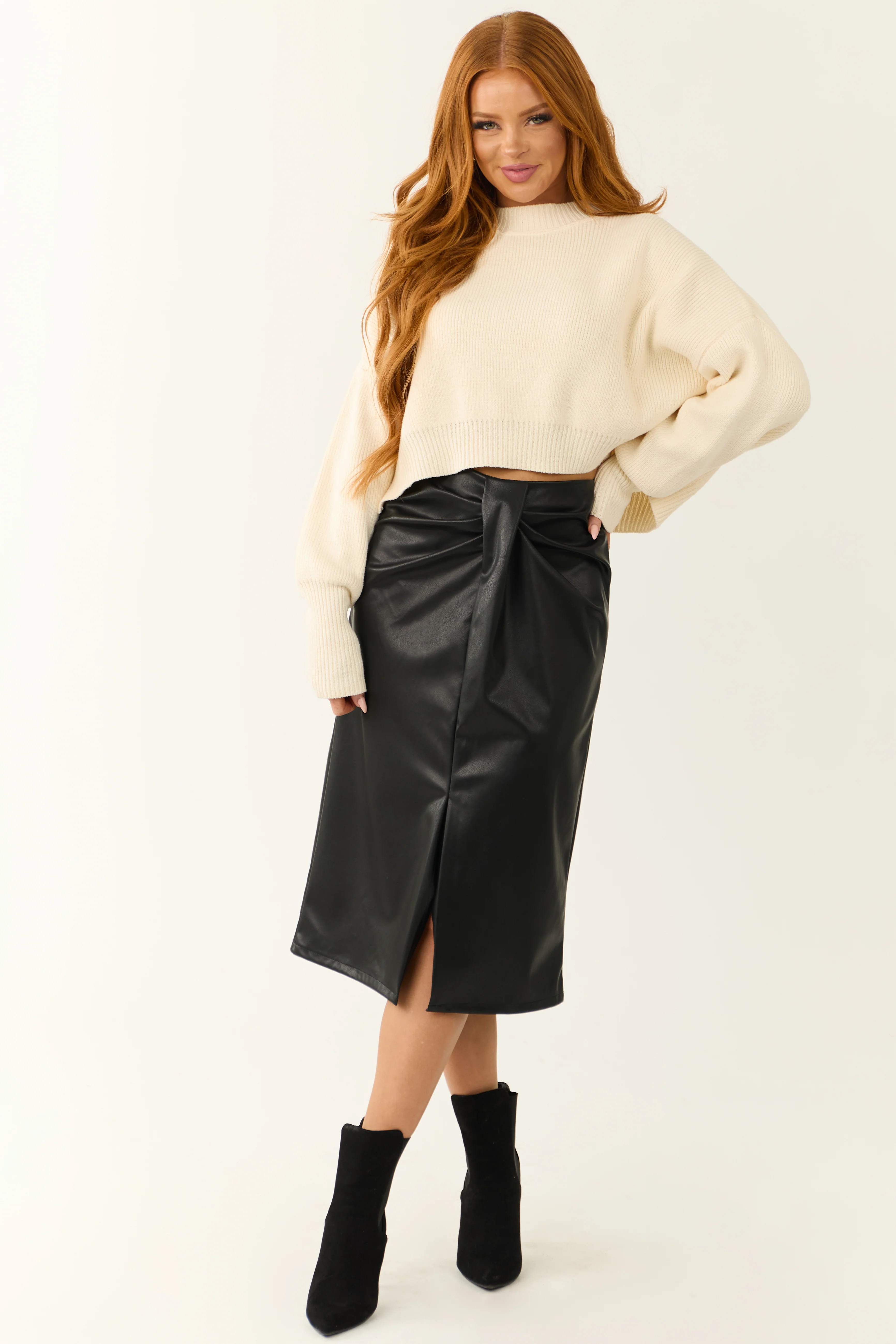 Black Faux Leather Pleating Detail Midi Skirt - Image 5